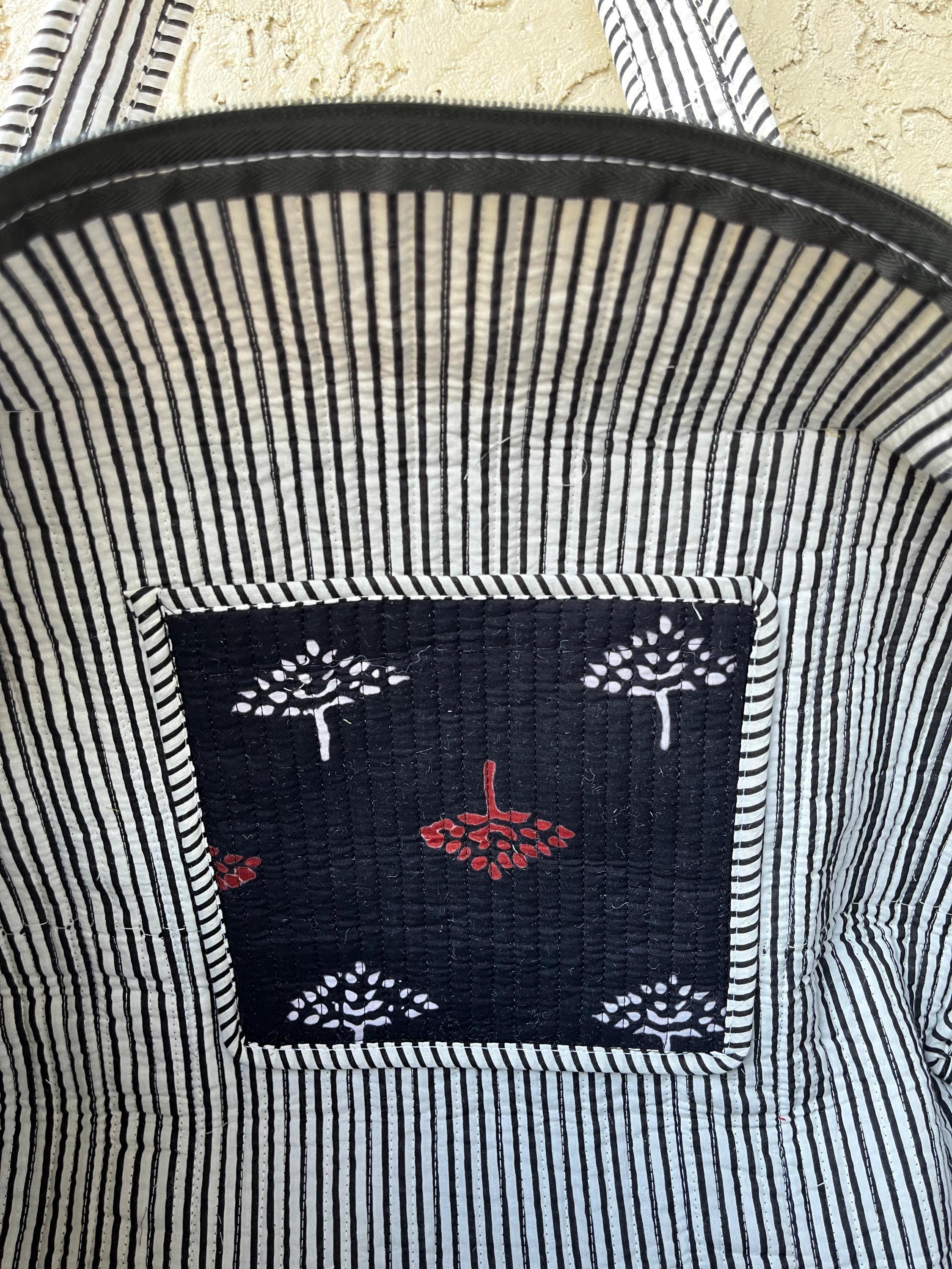 Handmade Quilted Duffle Bag: Block Printed Cotton Overnight Travel Bag