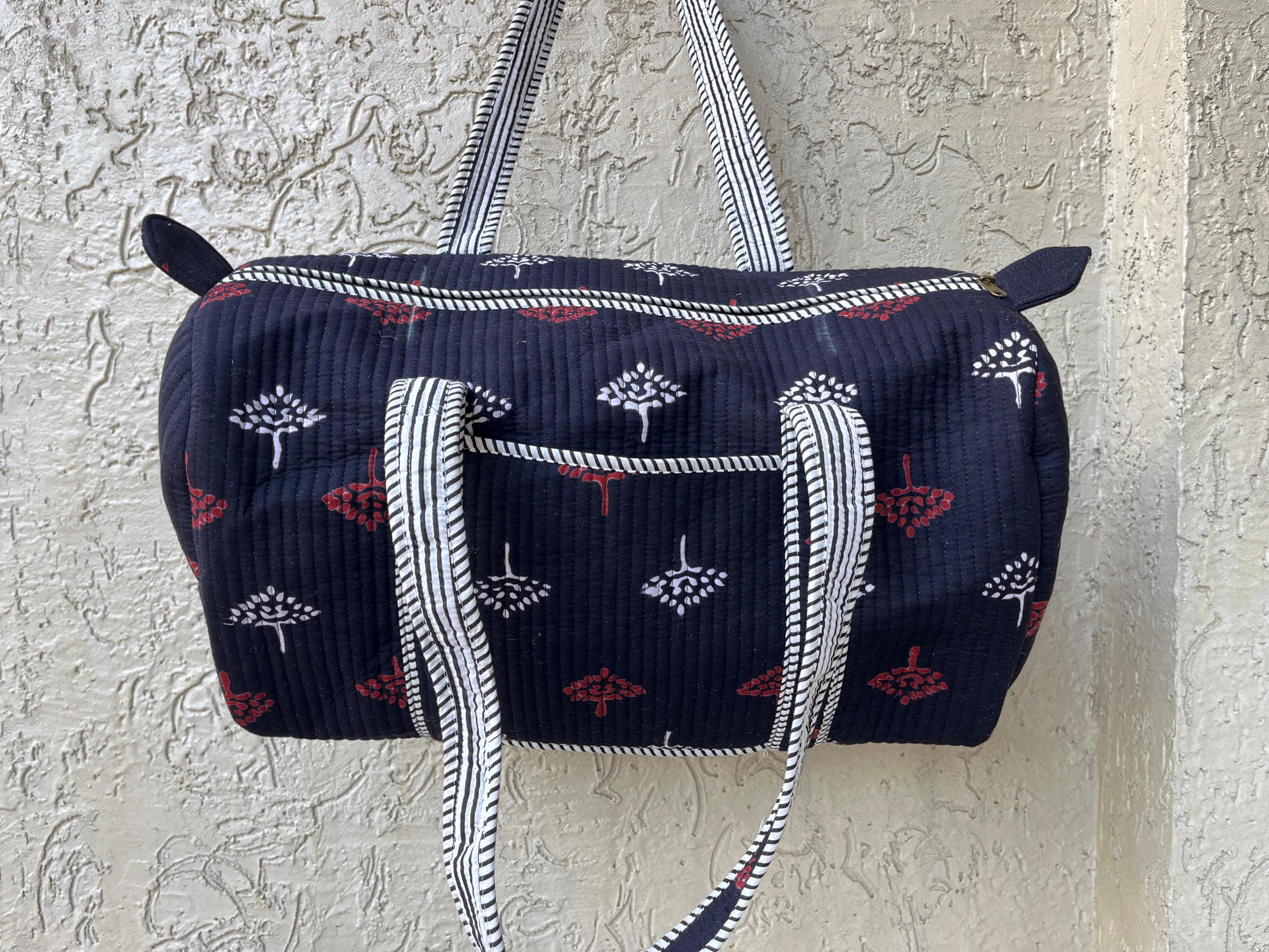 Handmade Quilted Duffle Bag: Block Printed Cotton Overnight Travel Bag