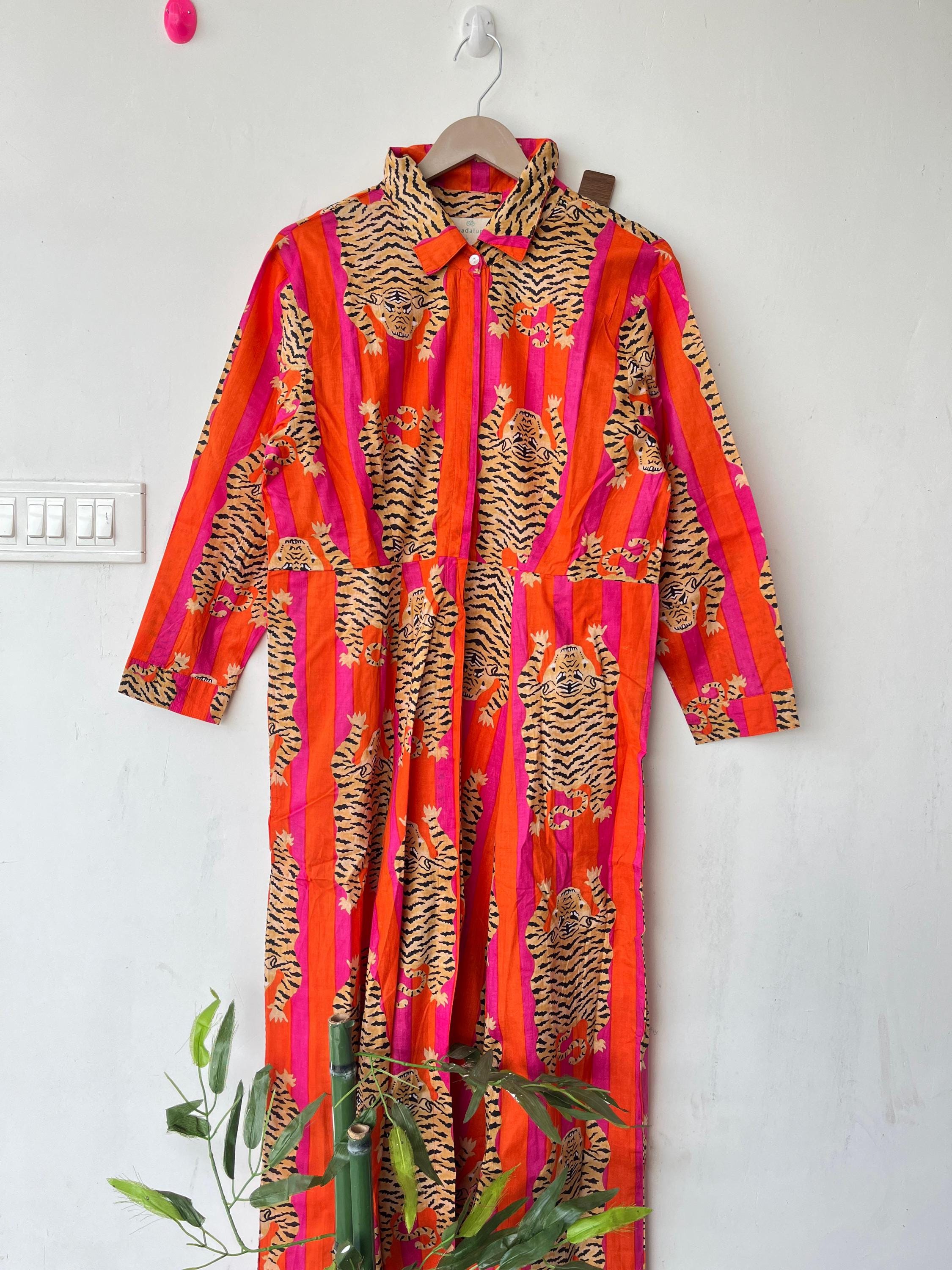 Hand Block Printed Cotton Dress: Indian Tiger Print Long Gown