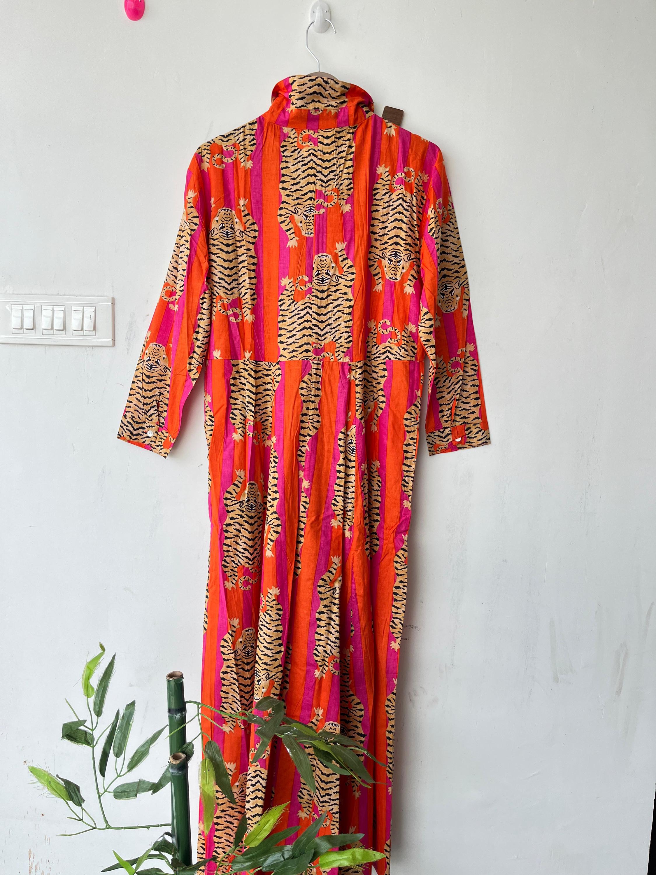 Hand Block Printed Cotton Dress: Indian Tiger Print Long Gown