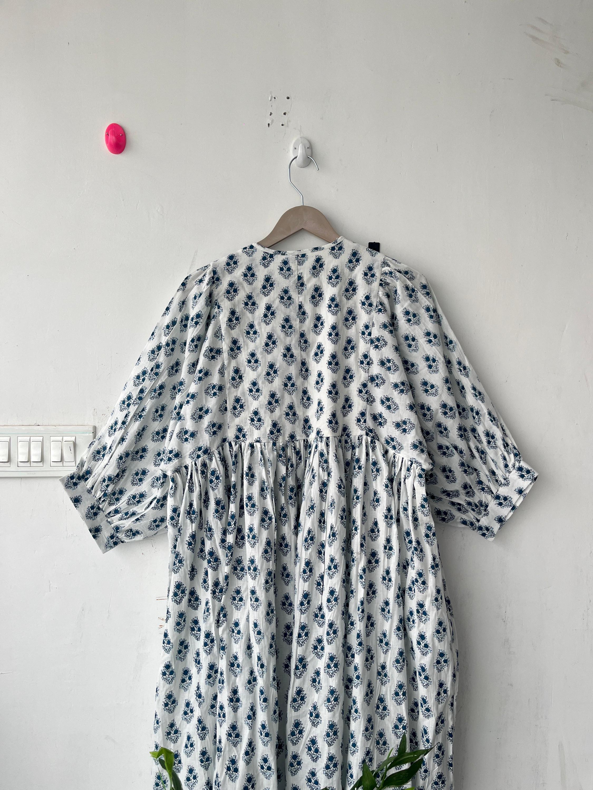 Floral Hand Block Print Cotton Midi Dress - Deep Neck Summer Dress