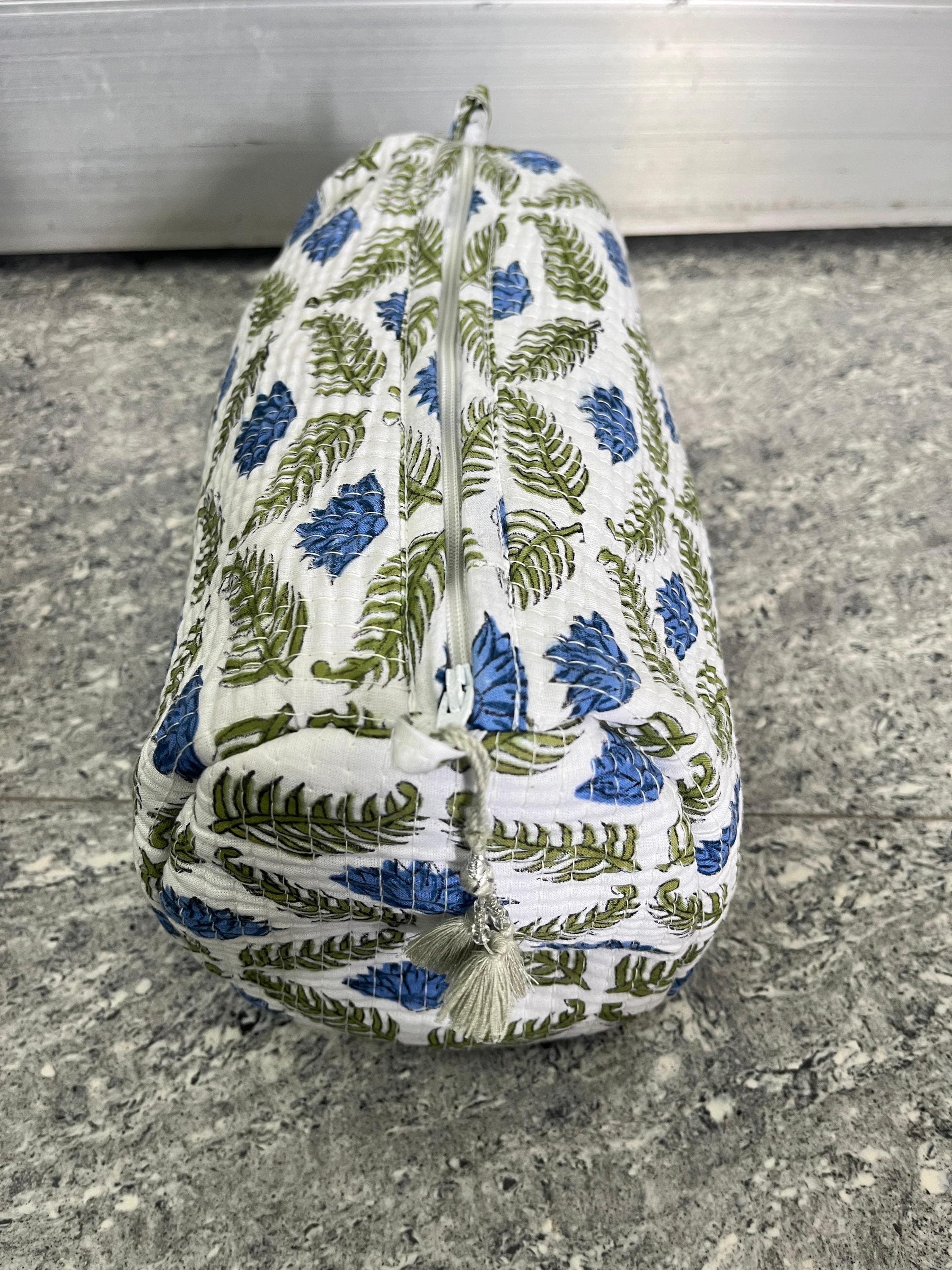 Block Print Cotton Cosmetic Pouch Set of 3: Quilted Travel Makeup Bags