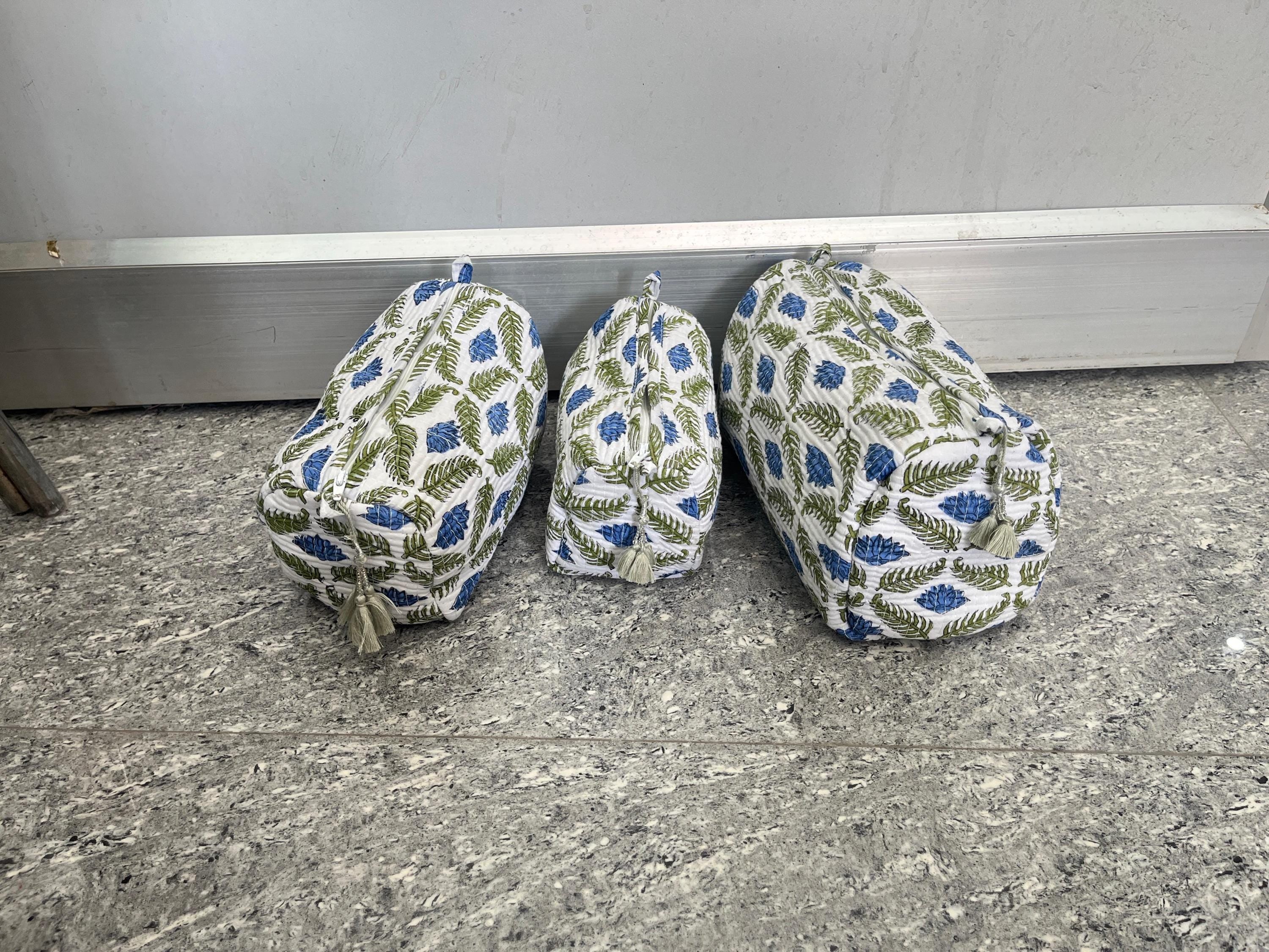 Block Print Cotton Cosmetic Pouch Set of 3: Quilted Travel Makeup Bags