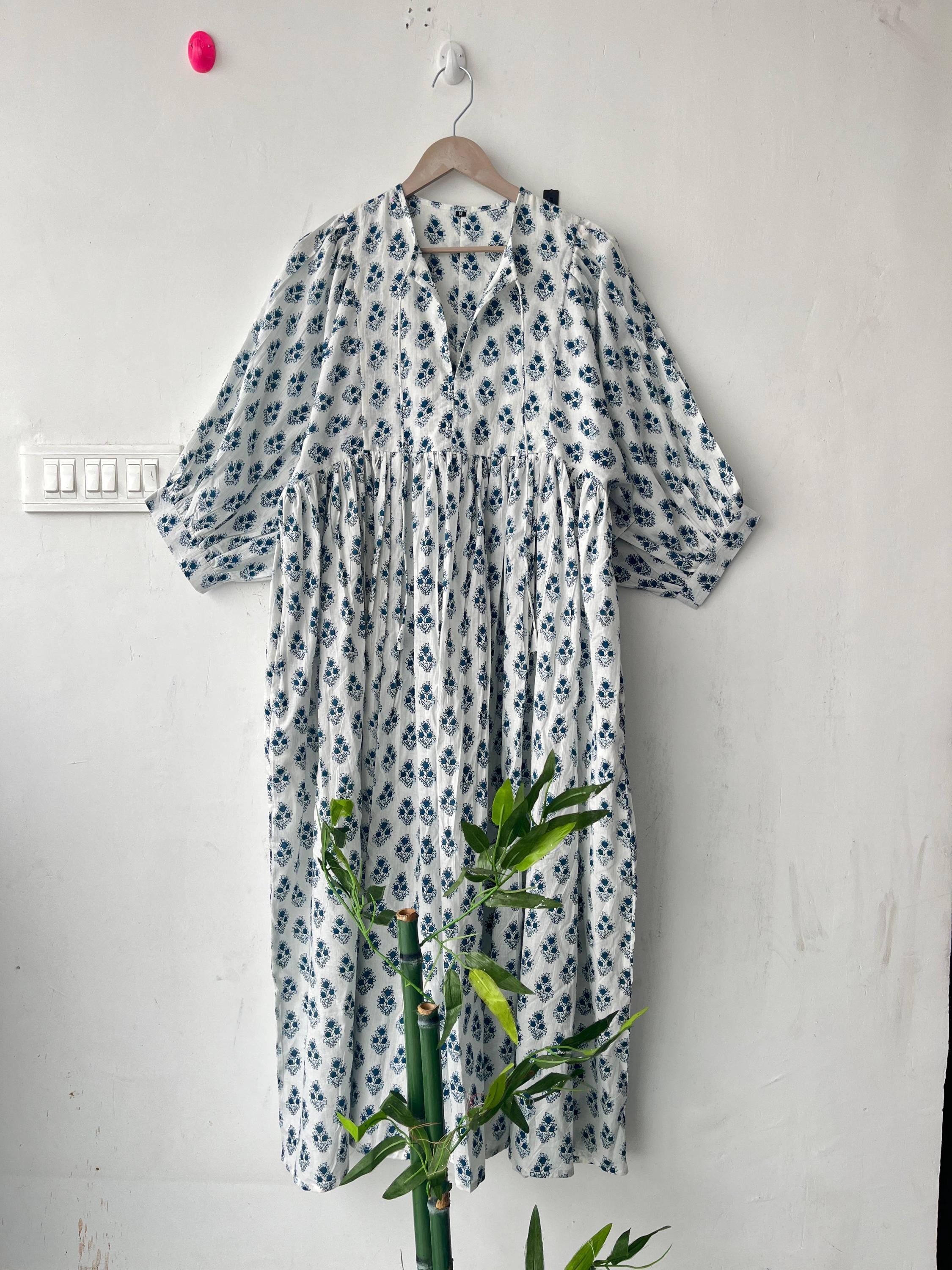 Floral Hand Block Print Cotton Midi Dress - Deep Neck Summer Dress