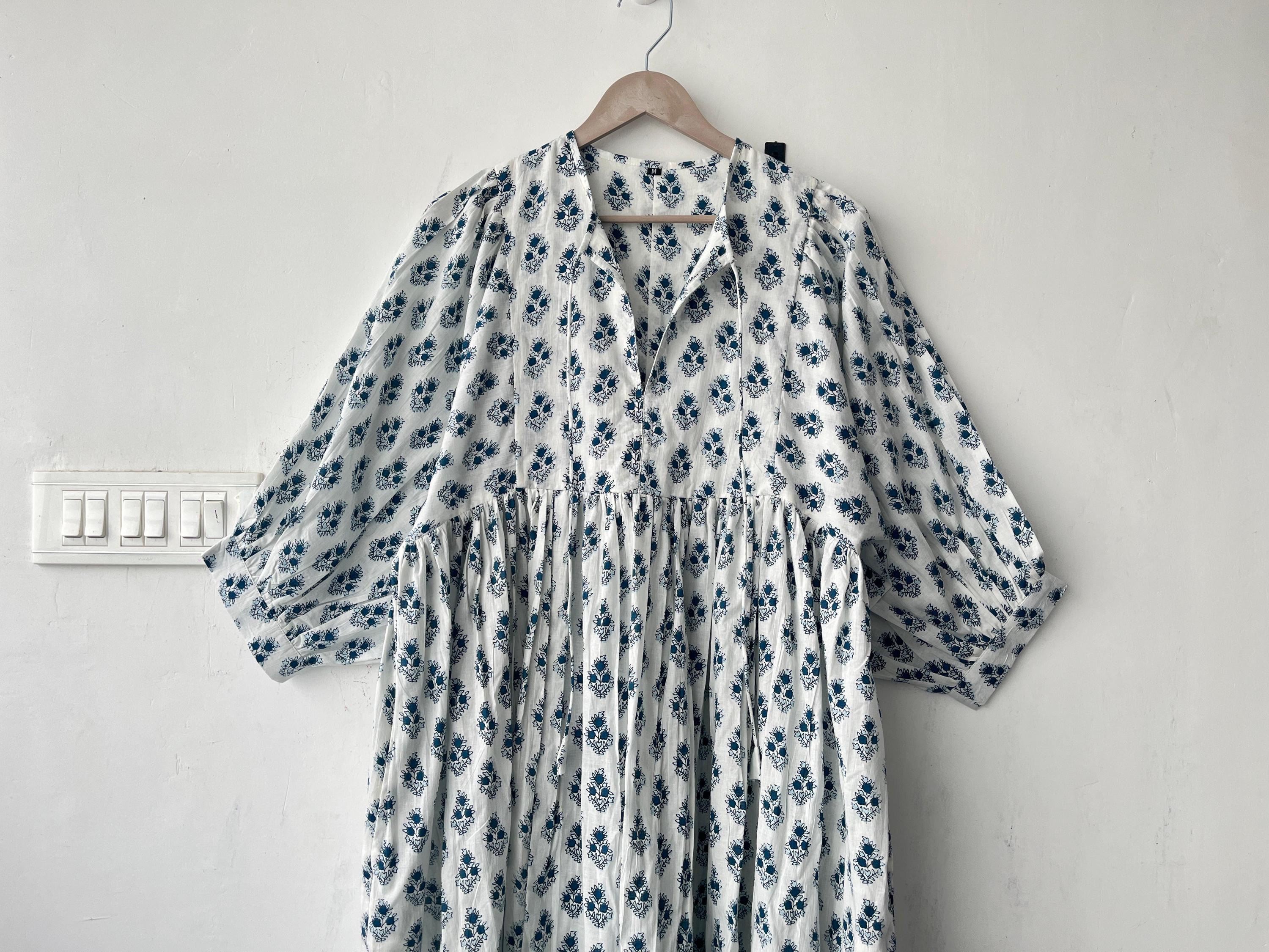 Floral Hand Block Print Cotton Midi Dress - Deep Neck Summer Dress