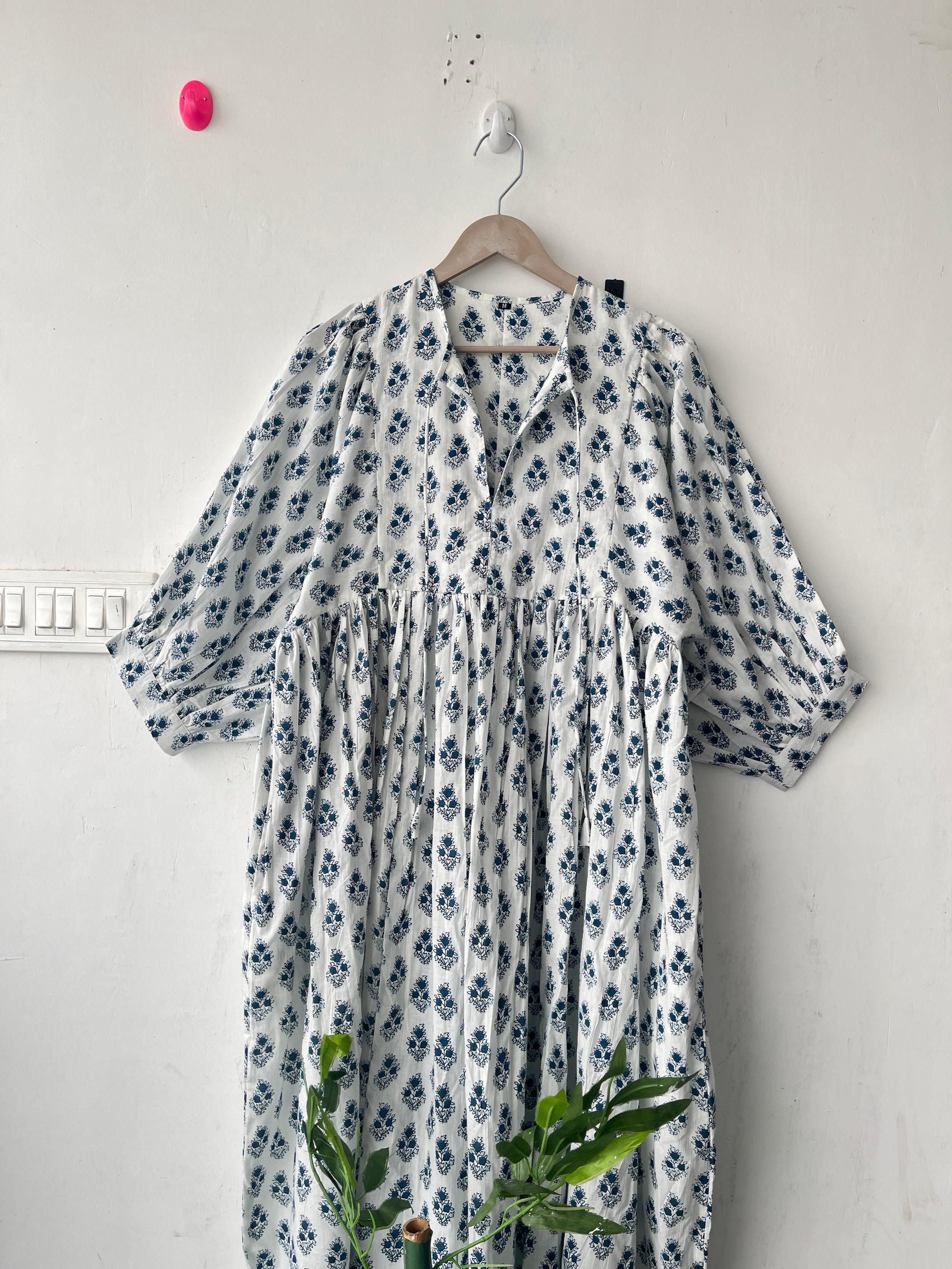 Floral Hand Block Print Cotton Midi Dress - Deep Neck Summer Dress