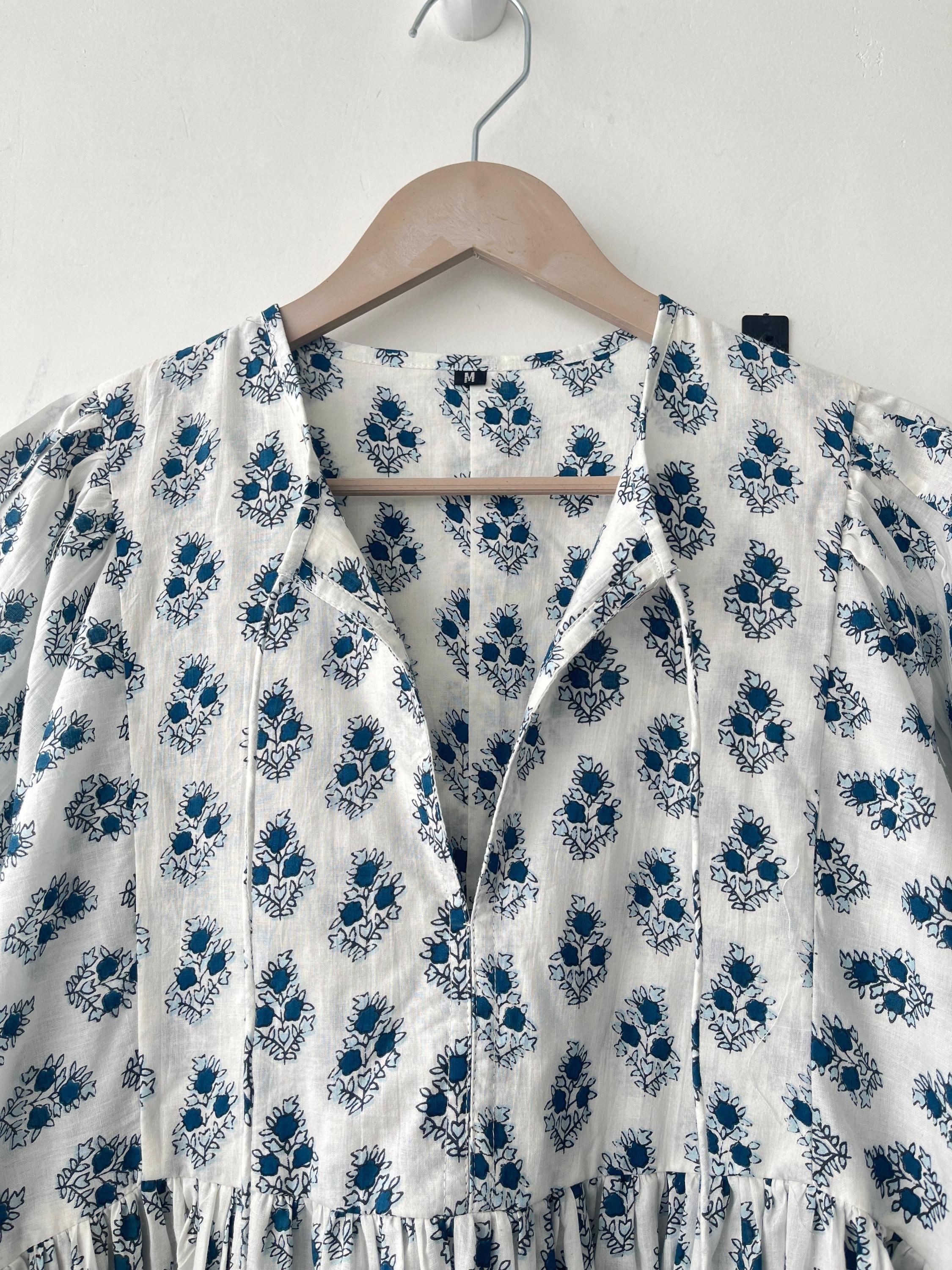 Floral Hand Block Print Cotton Midi Dress - Deep Neck Summer Dress