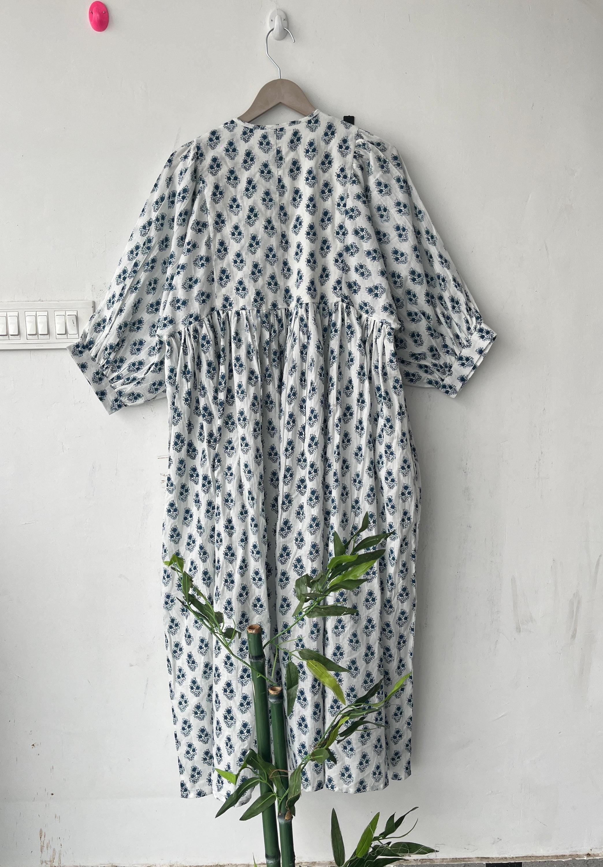 Floral Hand Block Print Cotton Midi Dress - Deep Neck Summer Dress