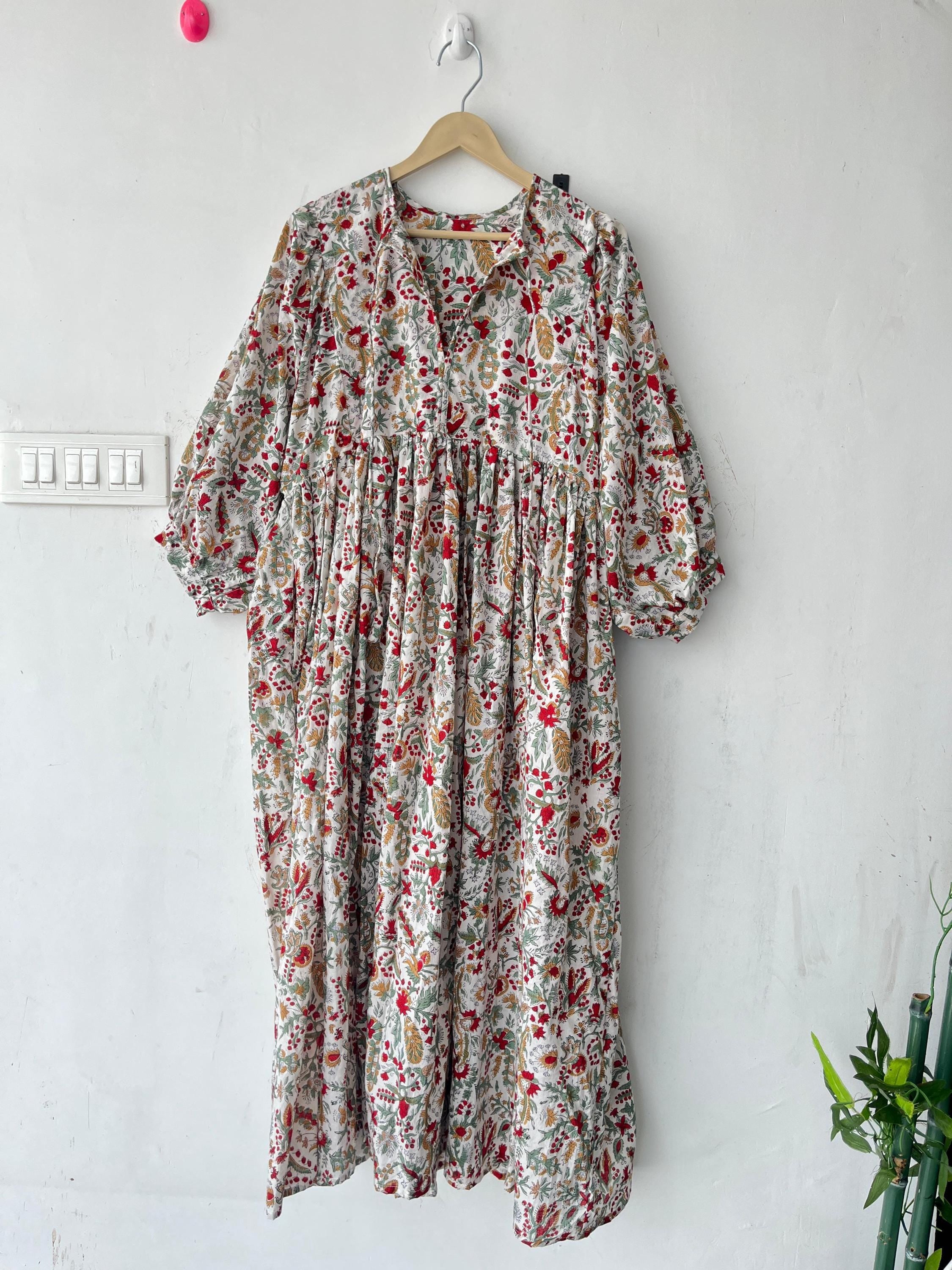 Floral Block Print Cotton Midi Dress - Deep Neck Summer Dress