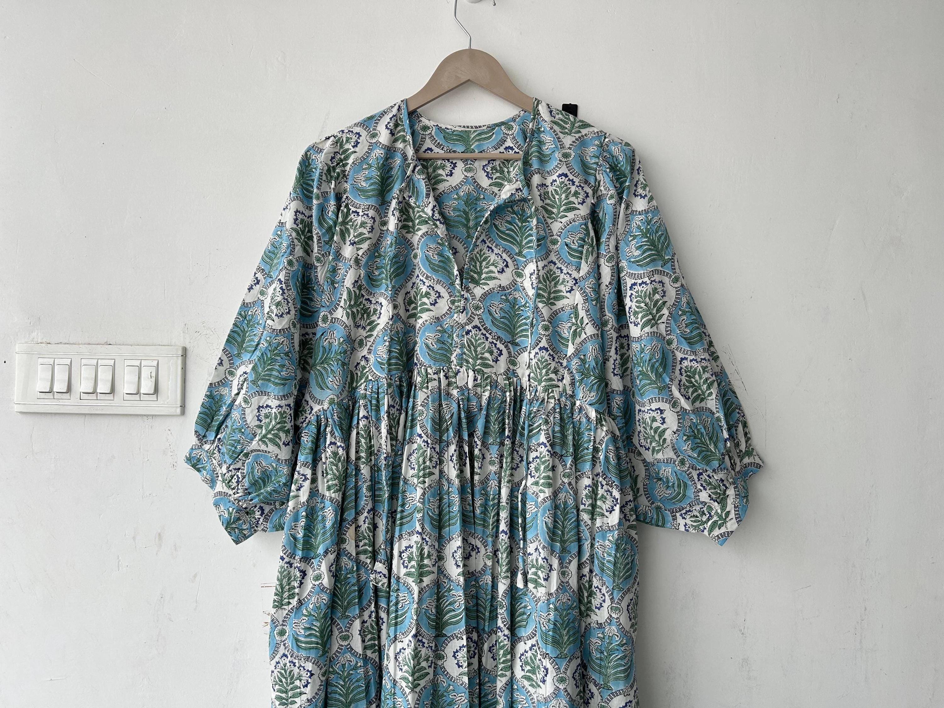 Floral Block Print Cotton Summer Dress: Handcrafted Midi Dress