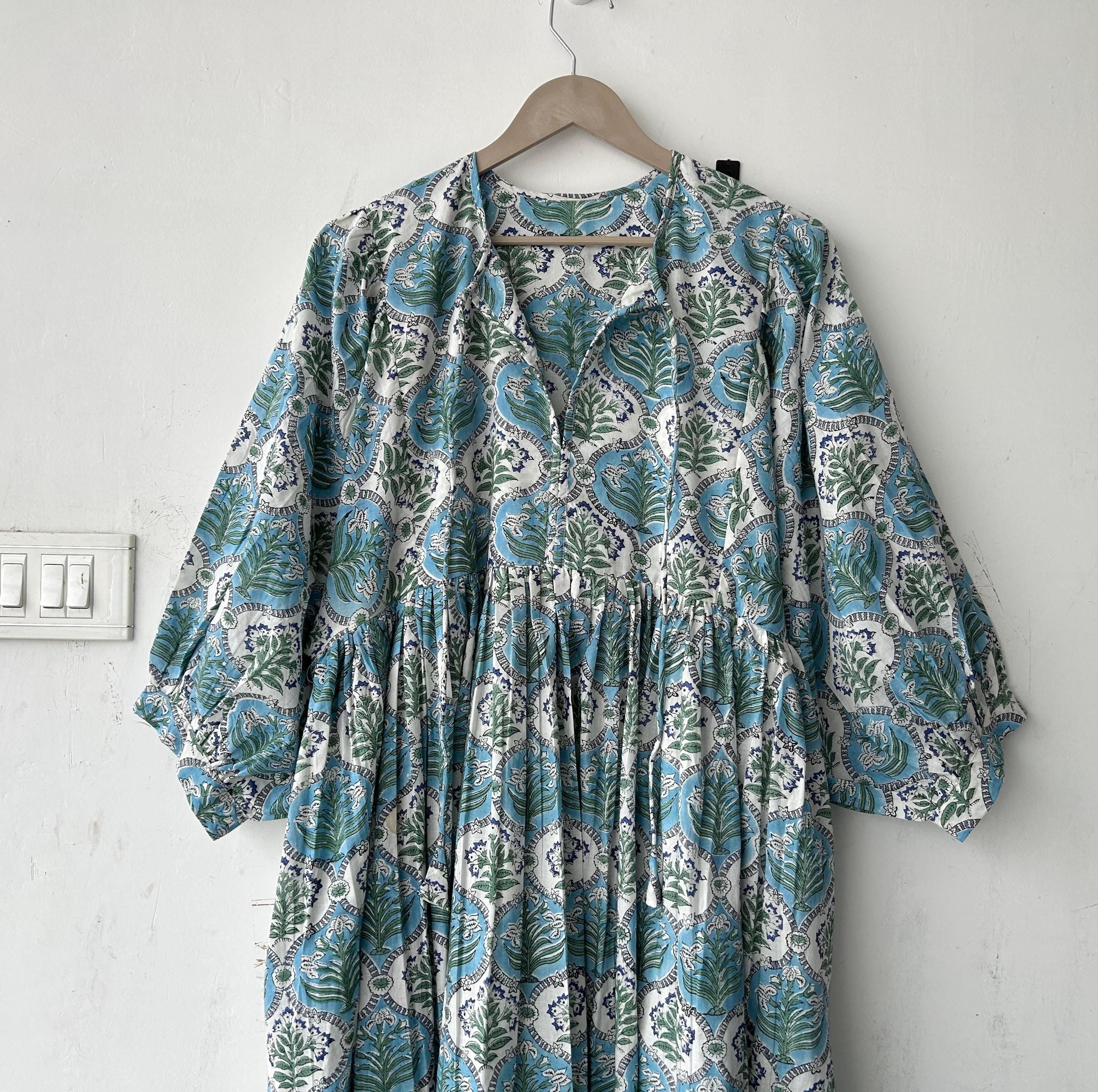 Floral Block Print Cotton Summer Dress: Handcrafted Midi Dress