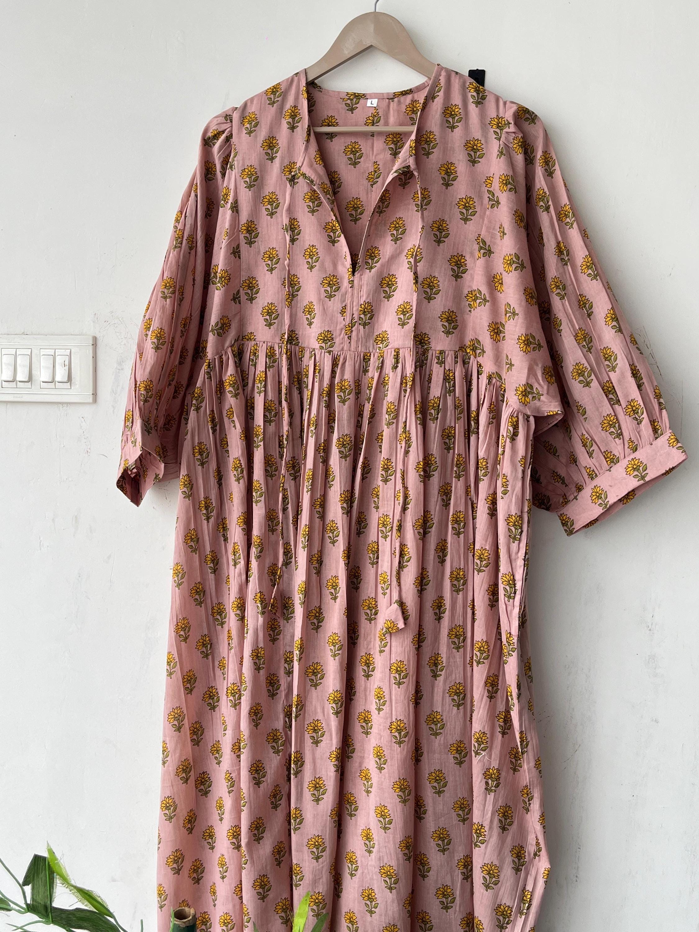 Floral Block Print Cotton Midi Dress: Ethically Handcrafted Summer Dress