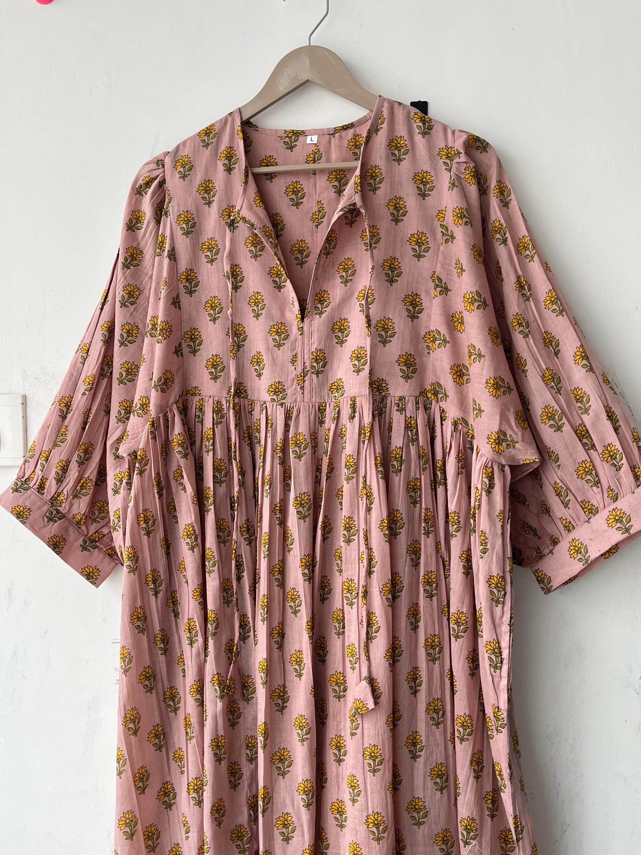 Floral Block Print Cotton Midi Dress: Ethically Handcrafted Summer Dress