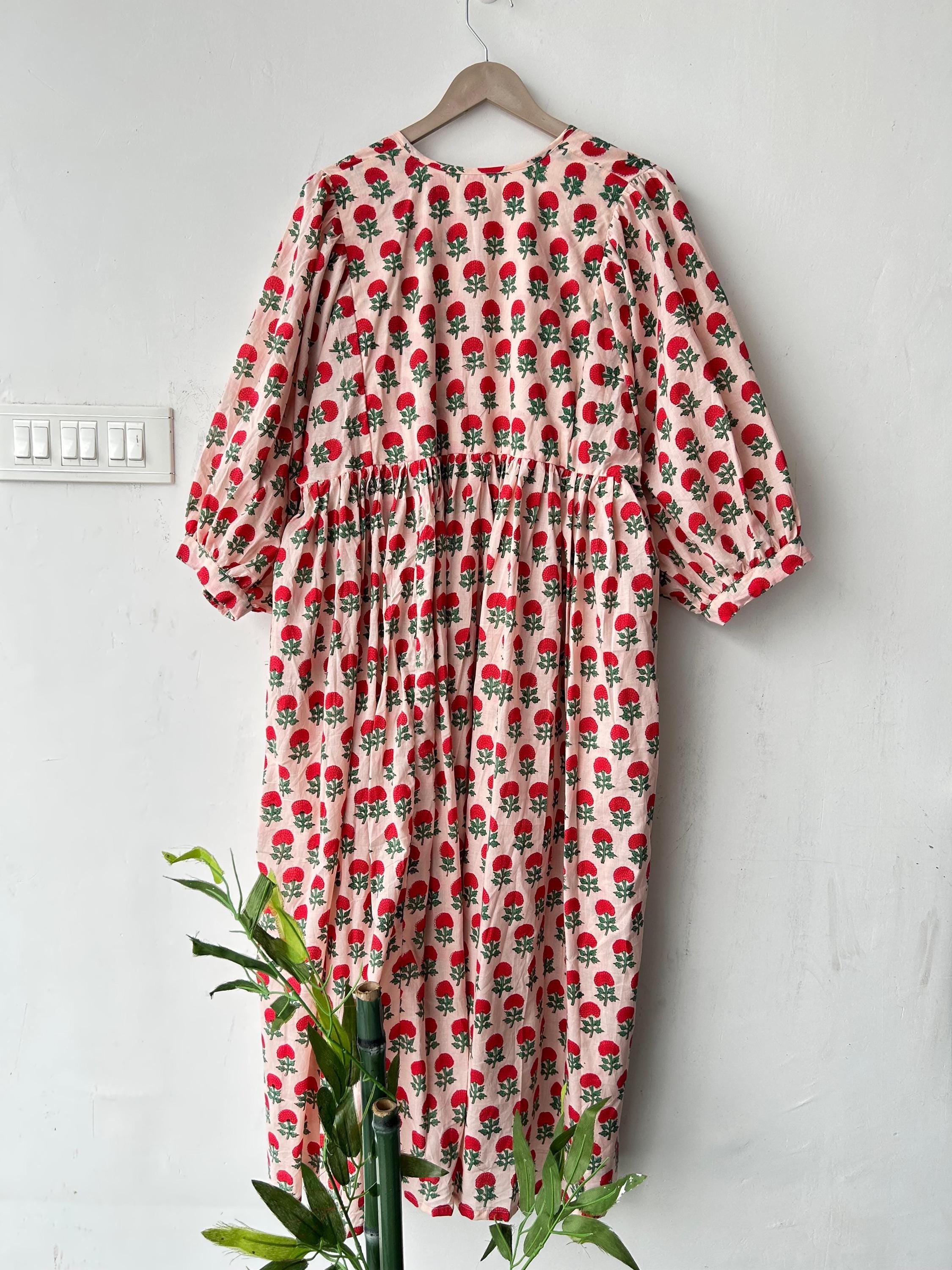 Floral Hand Block Print Cotton Midi Dress - Deep Neck Summer Dress