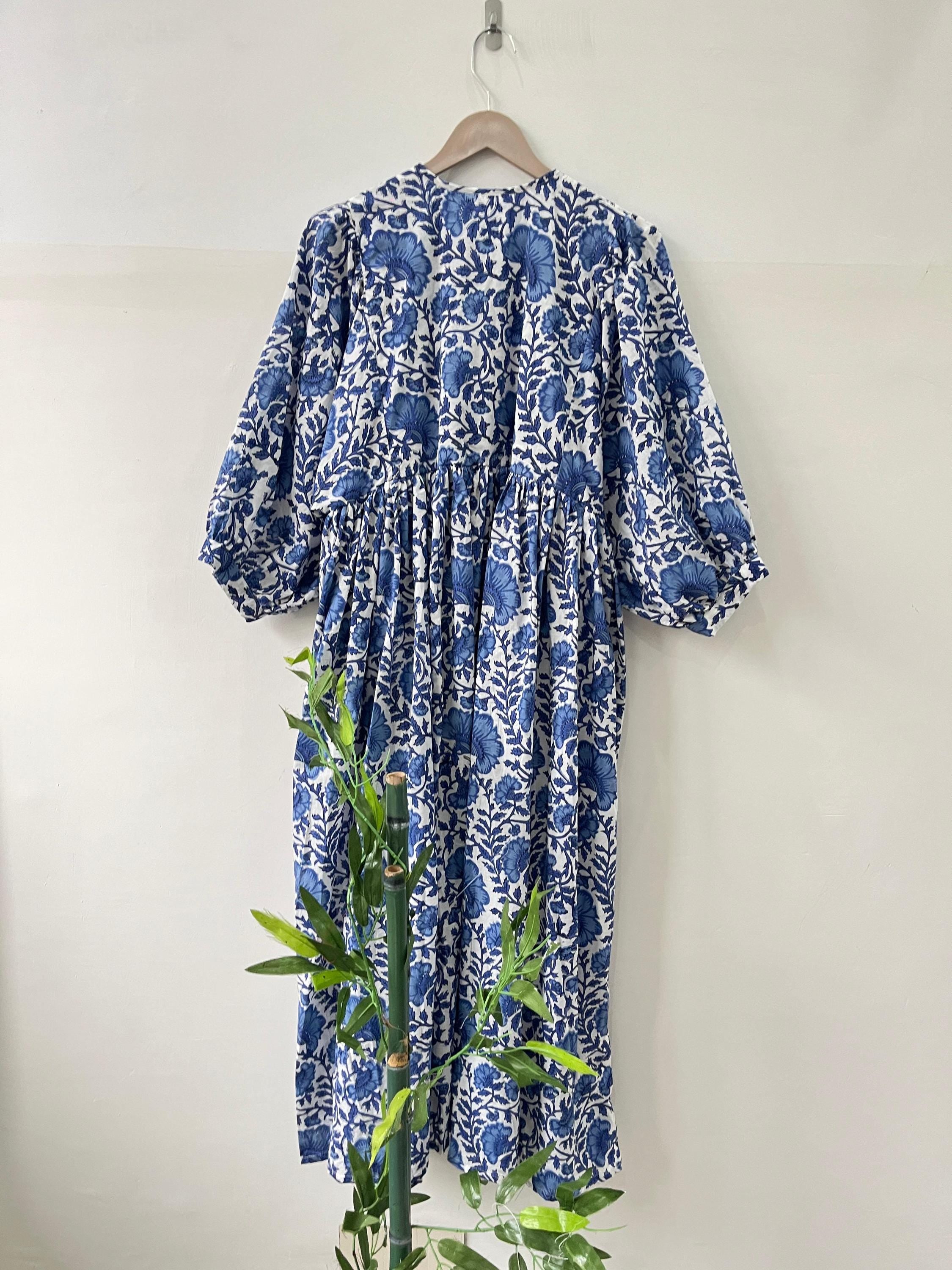Blue Floral Block Print Cotton Midi Dress: Bohemian Kyra Style