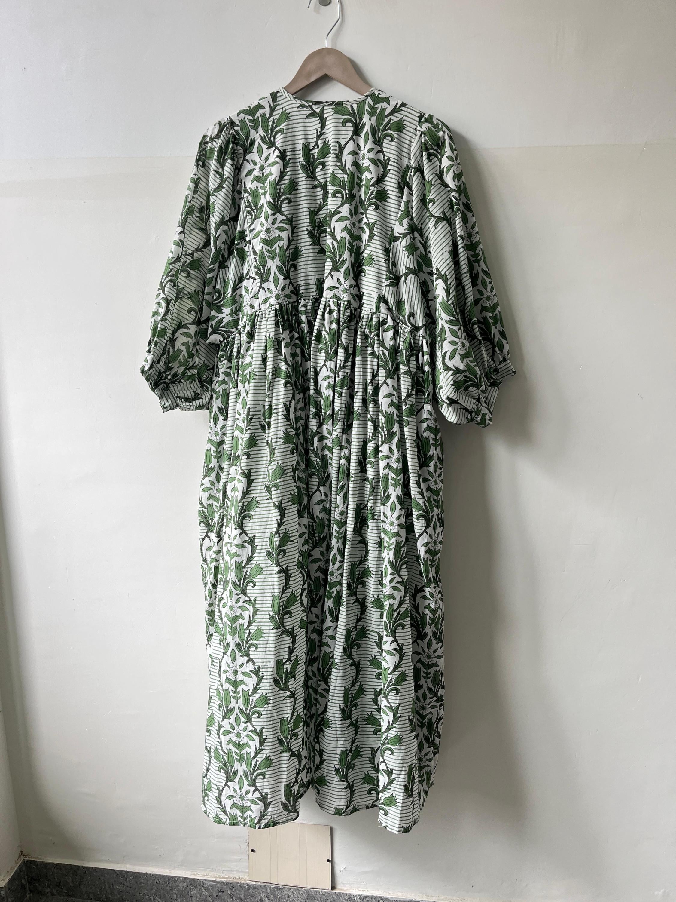 Floral Hand Block Print Cotton Midi Dress - Deep Neck Summer Dress