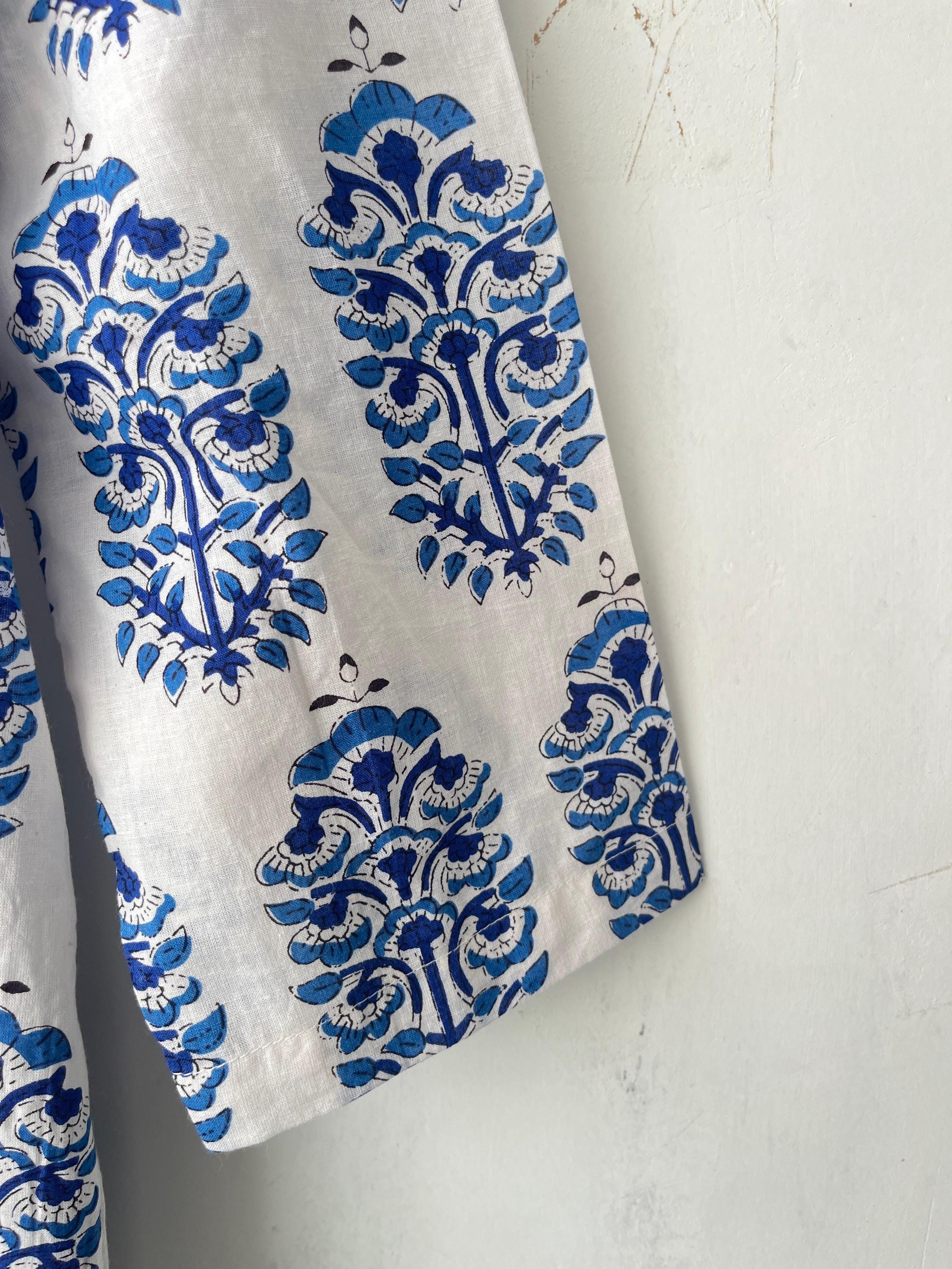 Block Print Cotton Kimono Robe: Lightweight Floral Dressing Gown
