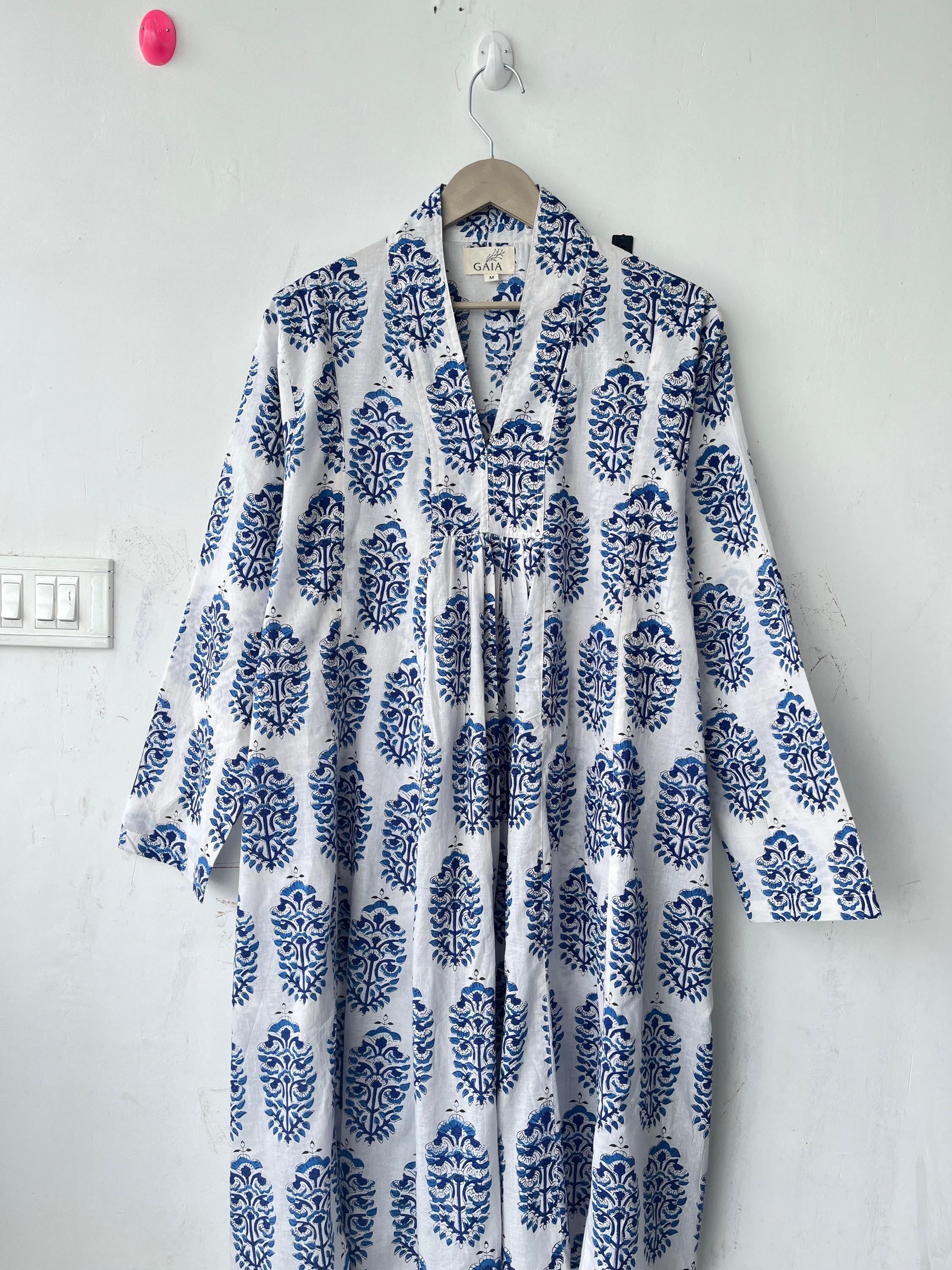 Block Print Cotton Kimono Robe: Lightweight Floral Dressing Gown