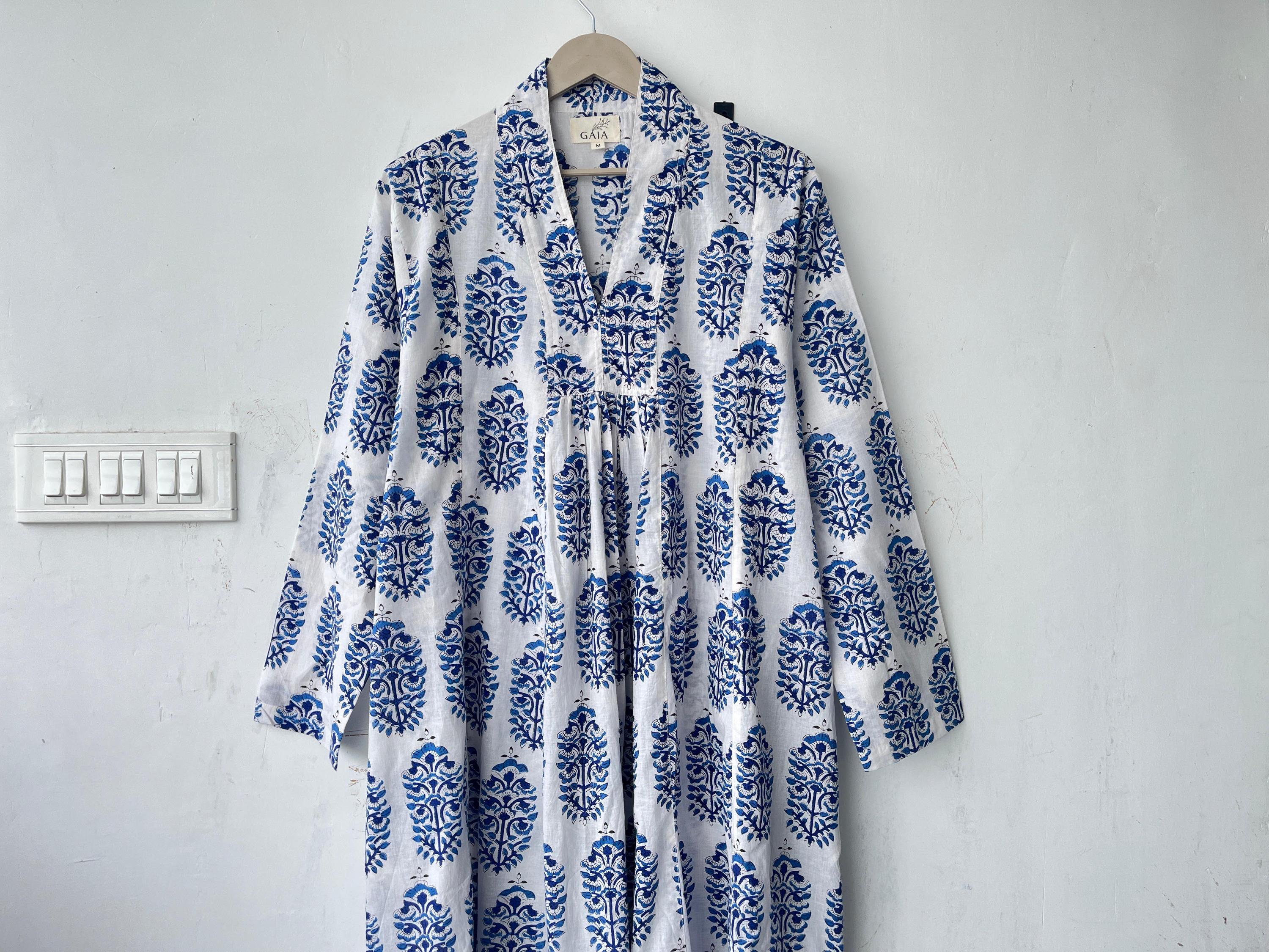 Block Print Cotton Kimono Robe: Lightweight Floral Dressing Gown