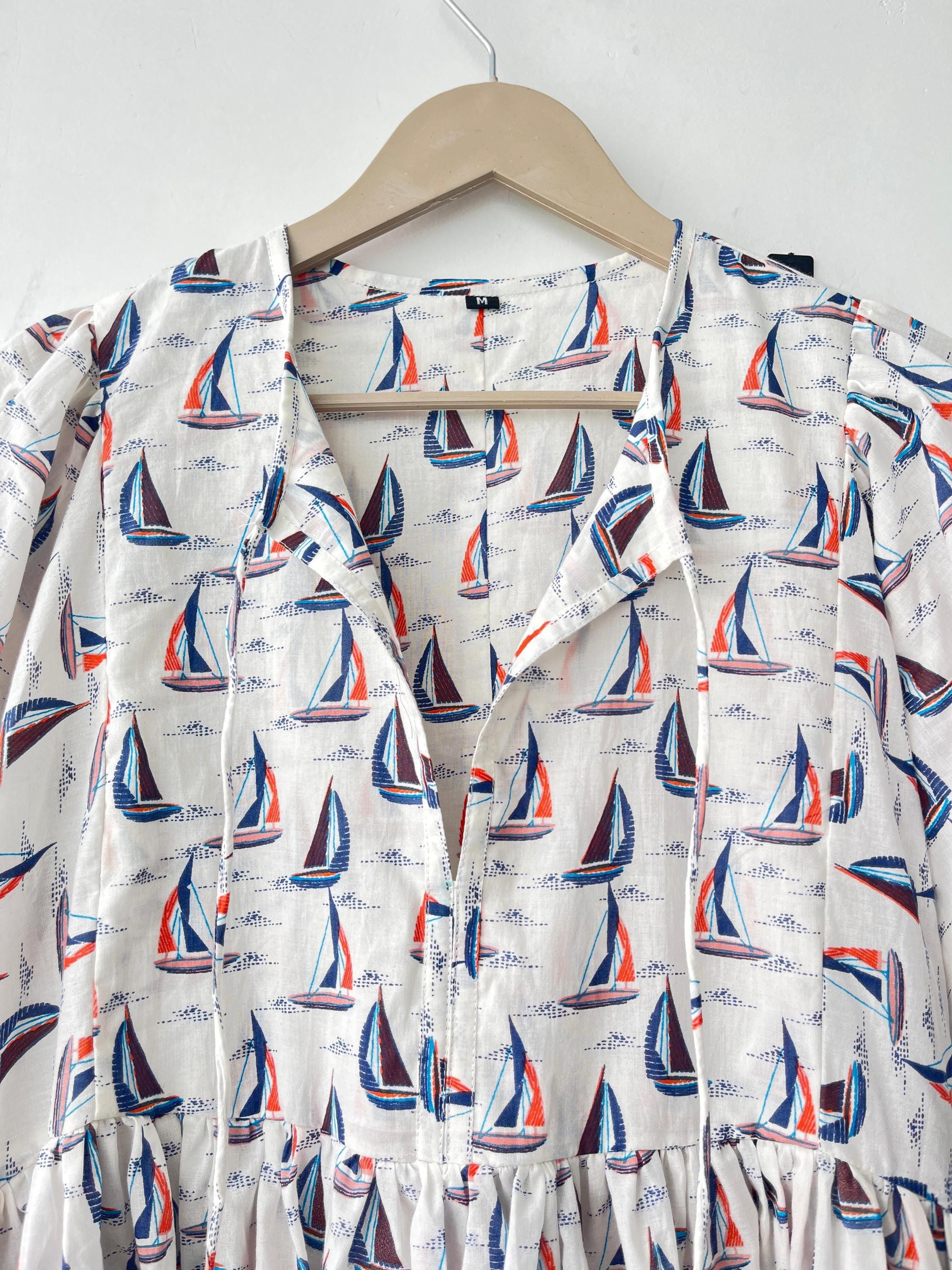 Floral Hand Block Print Cotton Midi Dress: Deep Neck Summer Dress