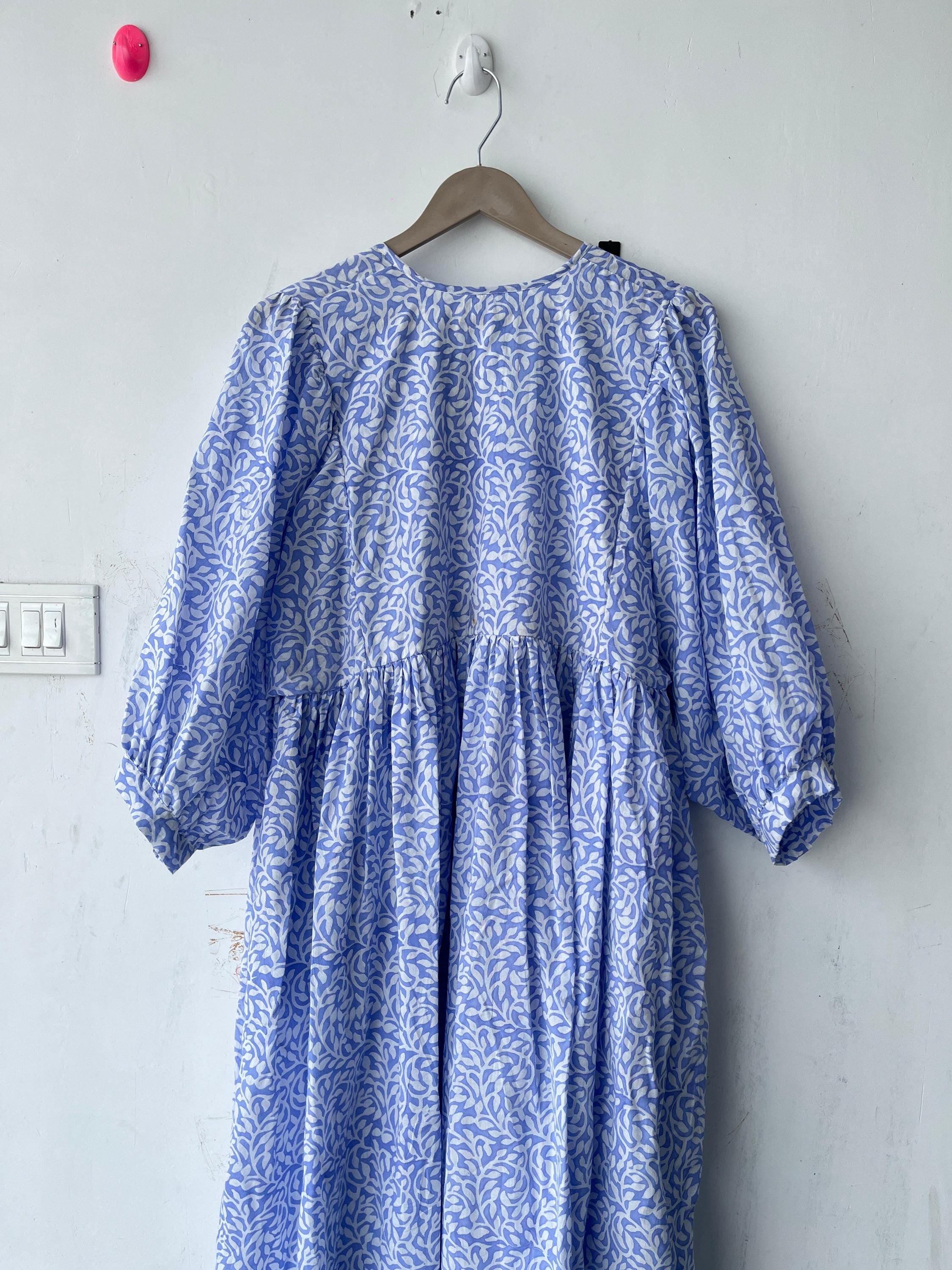 Floral Hand Block Print Cotton Midi Dress: Bohemian Style