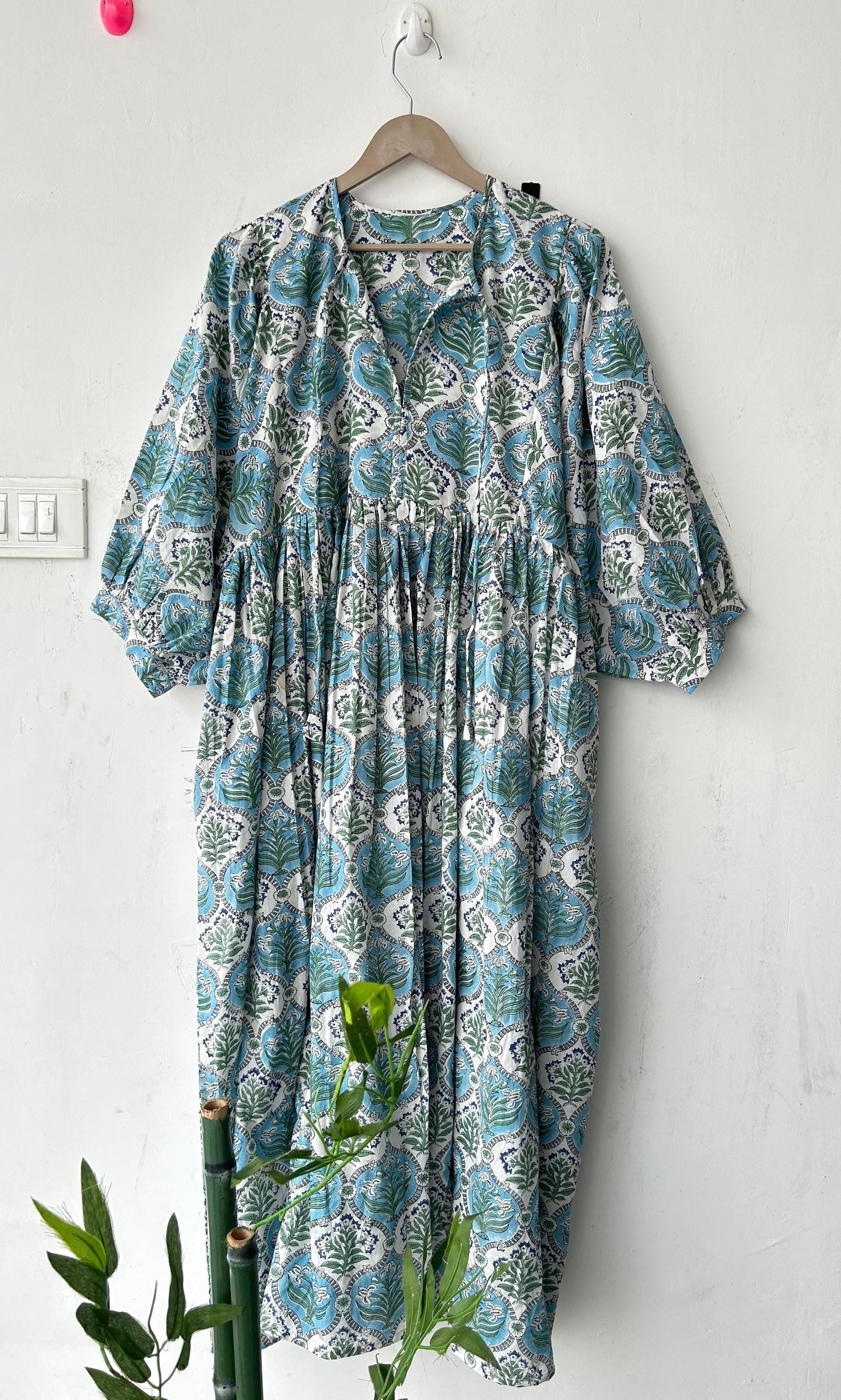 Floral Block Print Cotton Summer Dress: Handcrafted Midi Dress