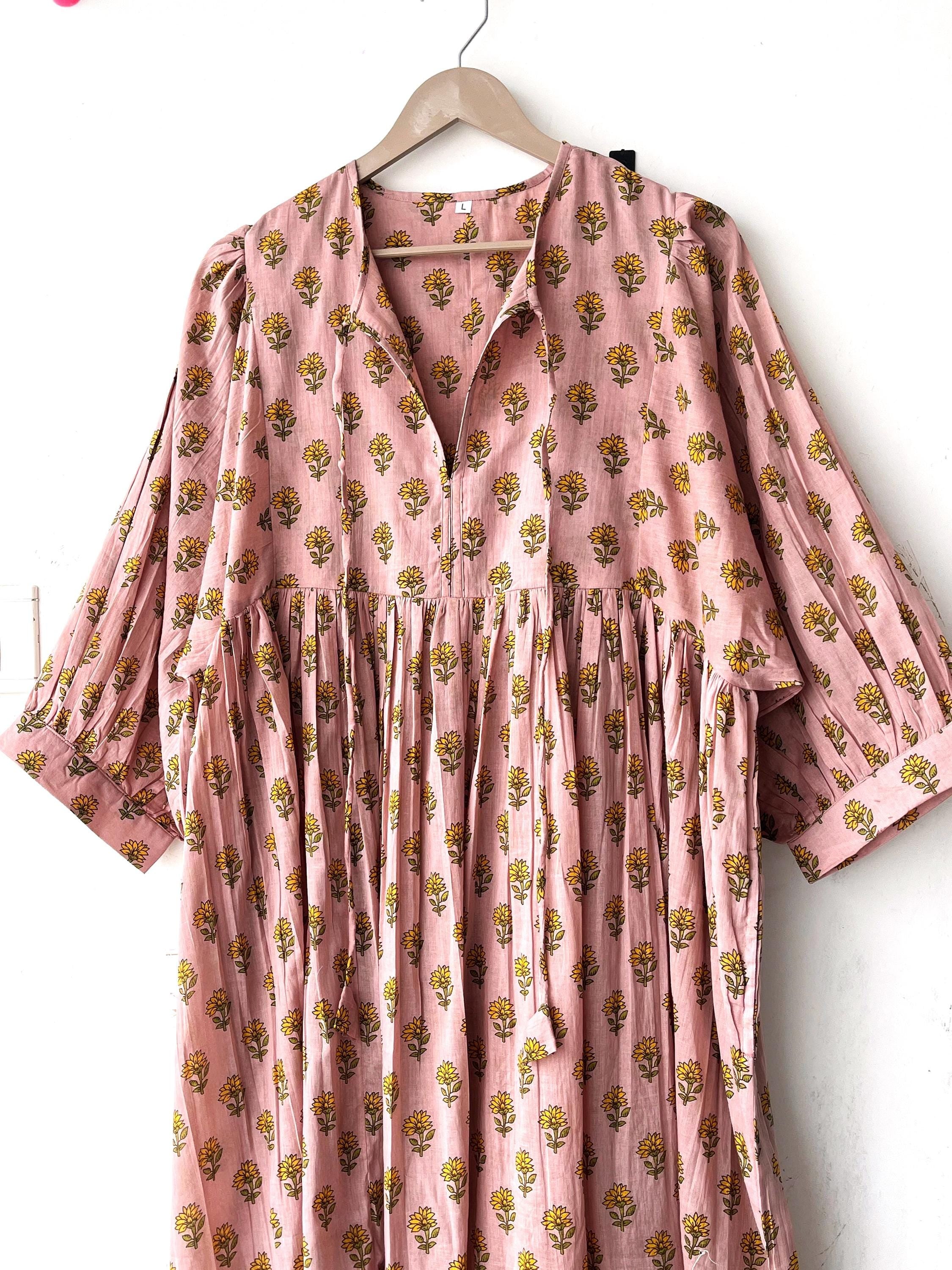 Floral Block Print Cotton Midi Dress: Ethically Handcrafted Summer Dress