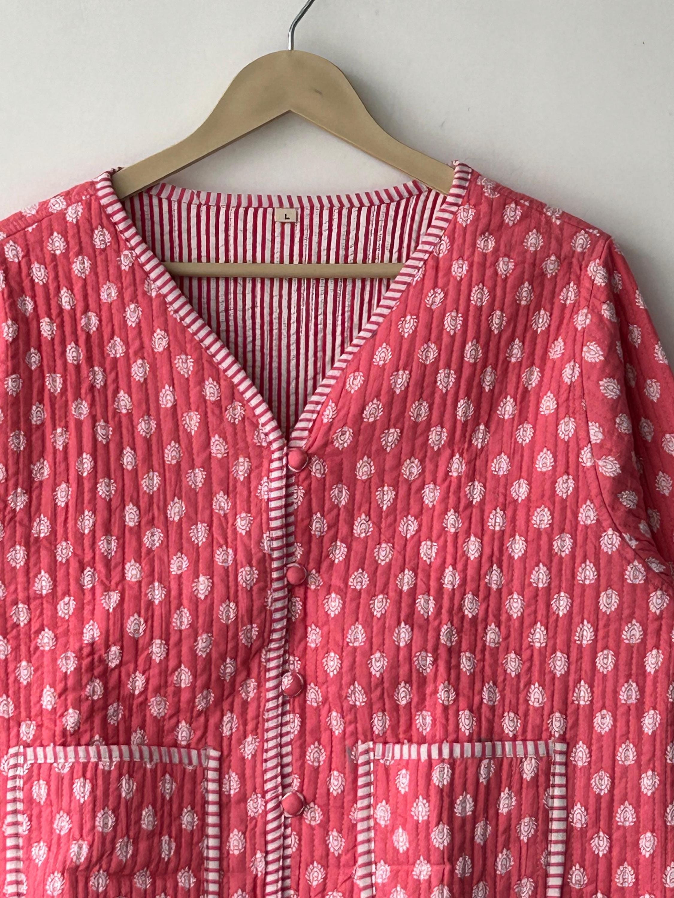 Blue Cotton Quilted Short Jacket: Handmade Block Print Reversible Coat