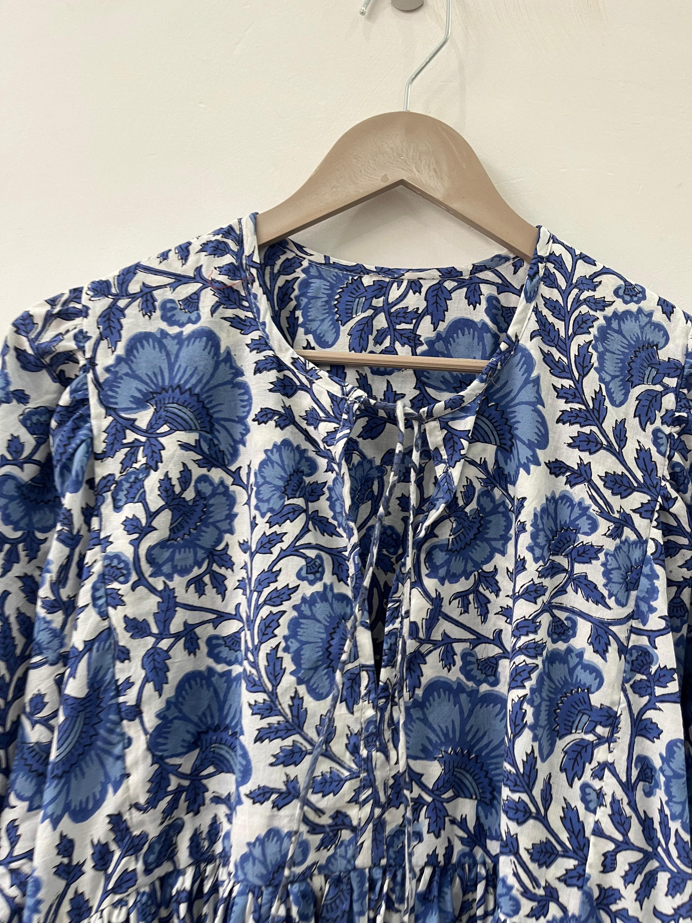 Blue Floral Block Print Cotton Midi Dress: Bohemian Kyra Style