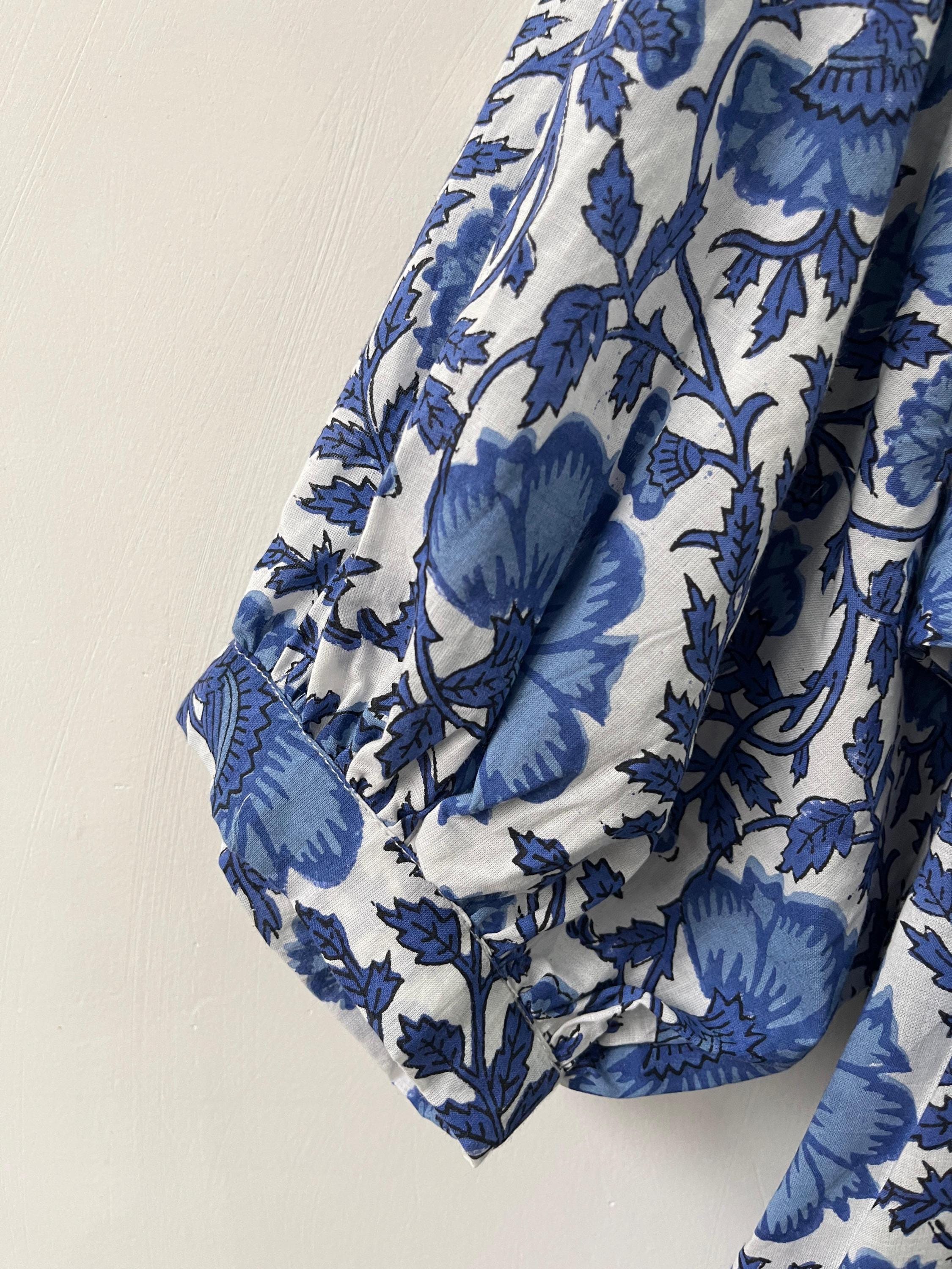 Blue Floral Block Print Cotton Midi Dress: Bohemian Kyra Style