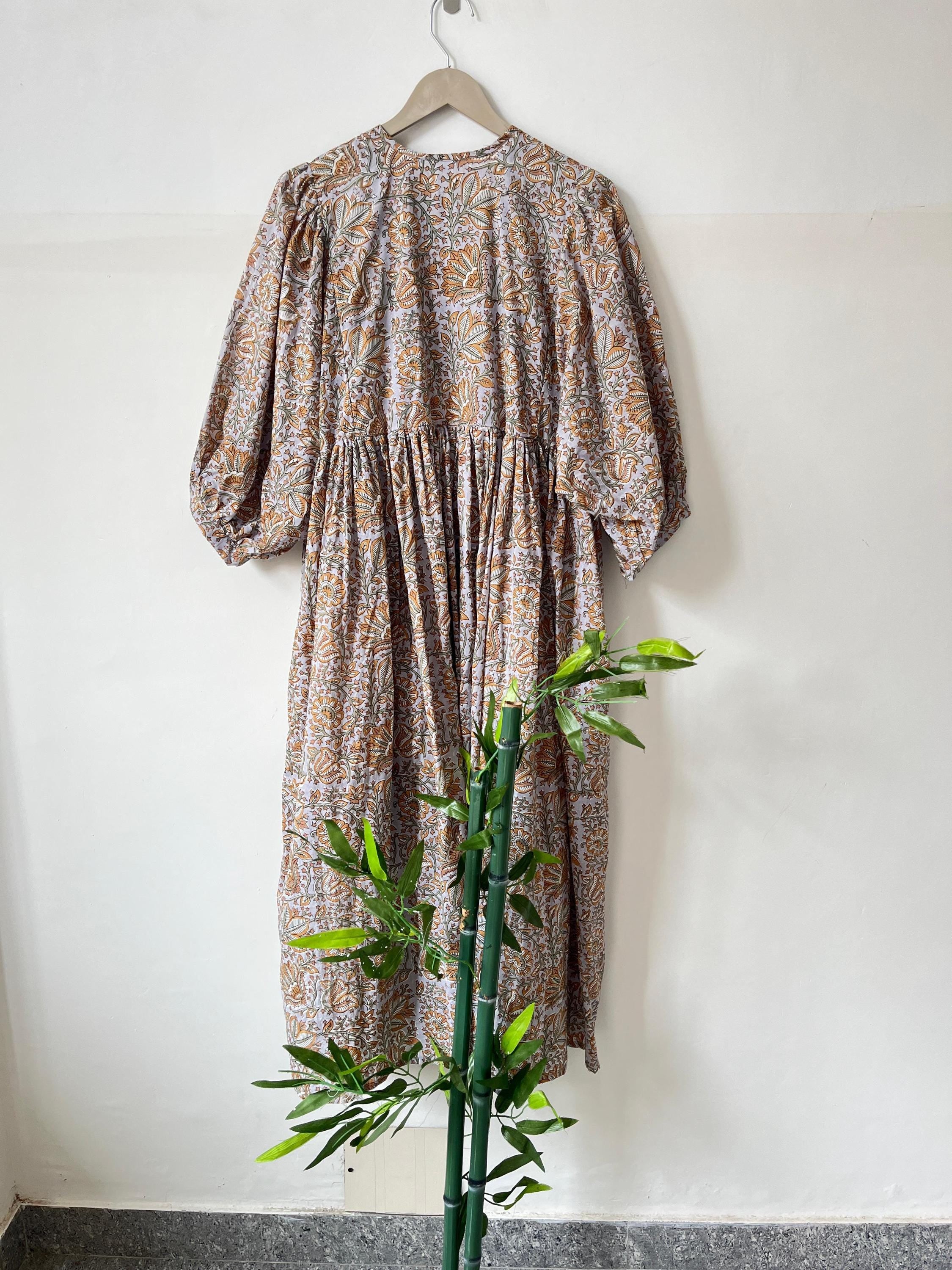 Handblock Printed Cotton Maxi Dress: Rust Floral Boho Balloon Sleeve