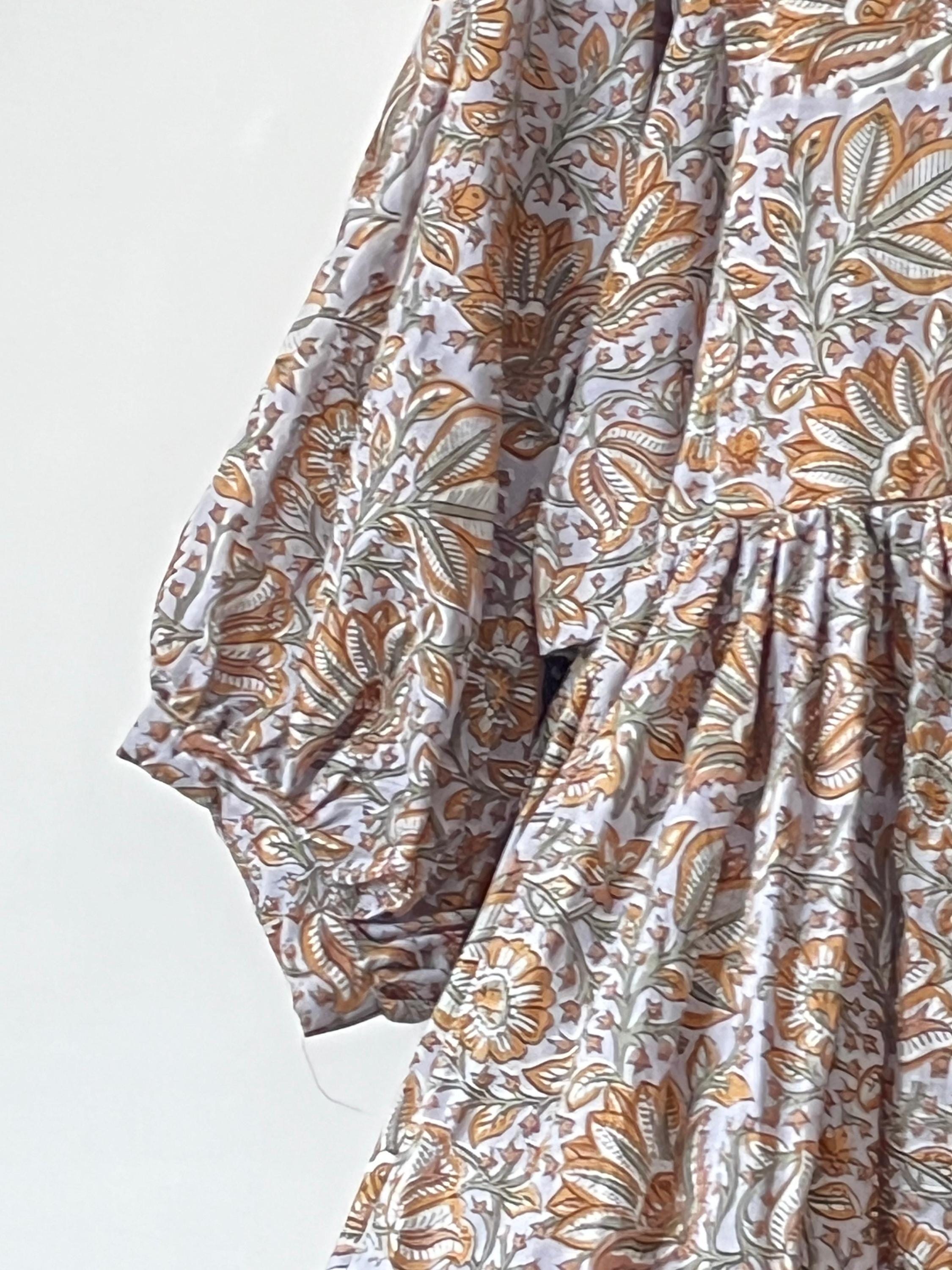 Handblock Printed Cotton Maxi Dress: Rust Floral Boho Balloon Sleeve