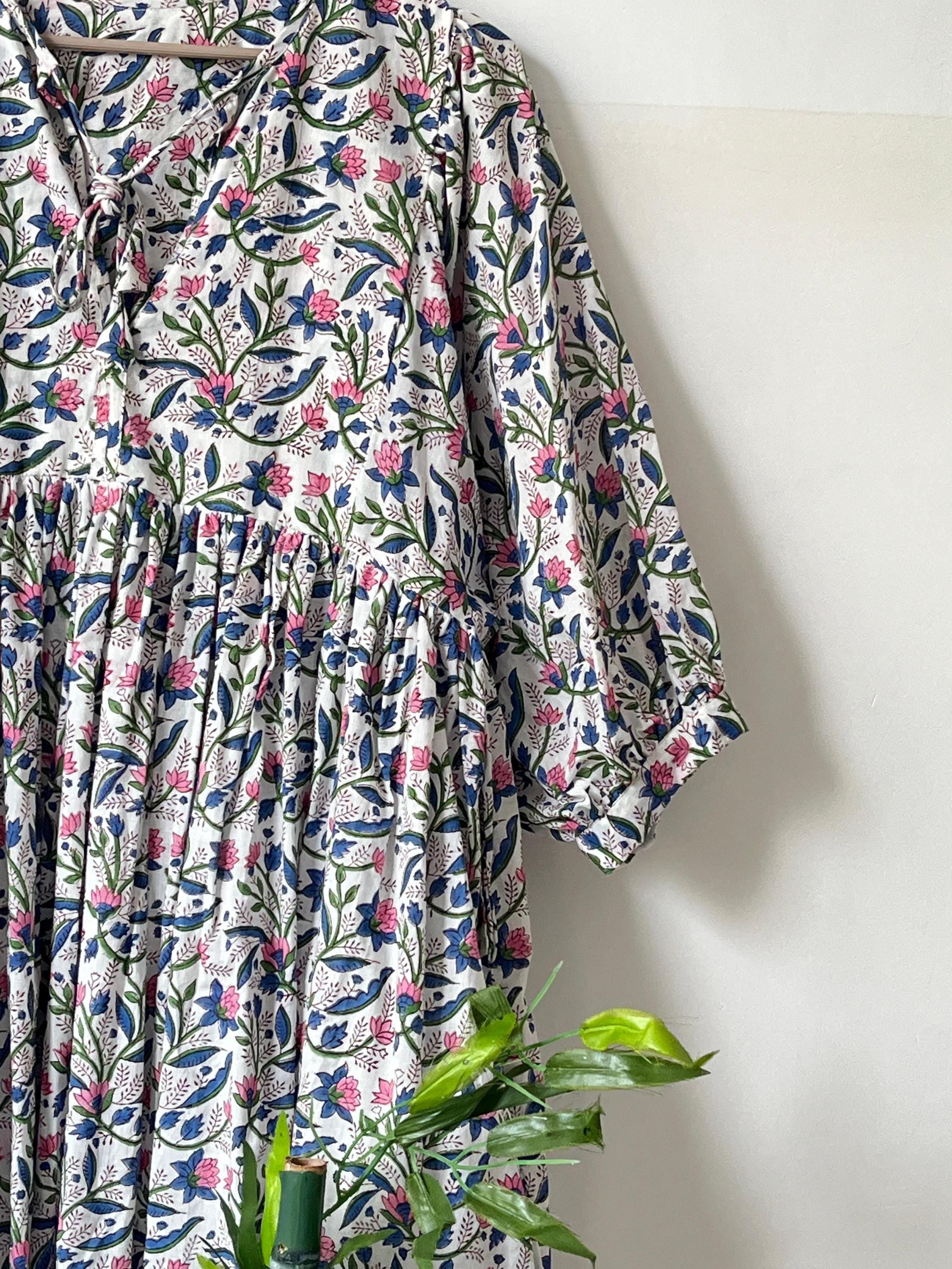 Floral Block Print Cotton Midi Dress: Soft Summer Dress