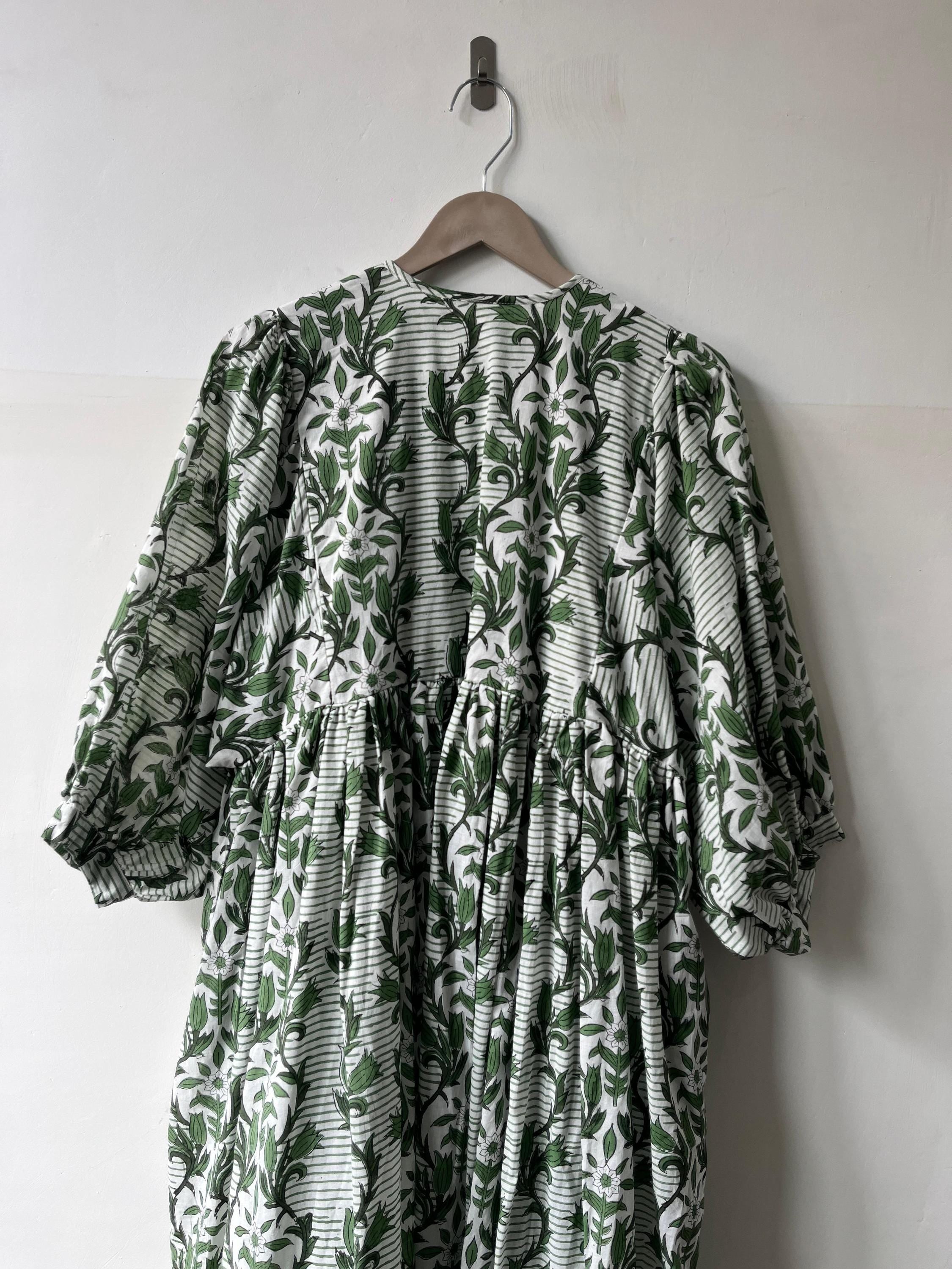 Floral Hand Block Print Cotton Midi Dress - Deep Neck Summer Dress