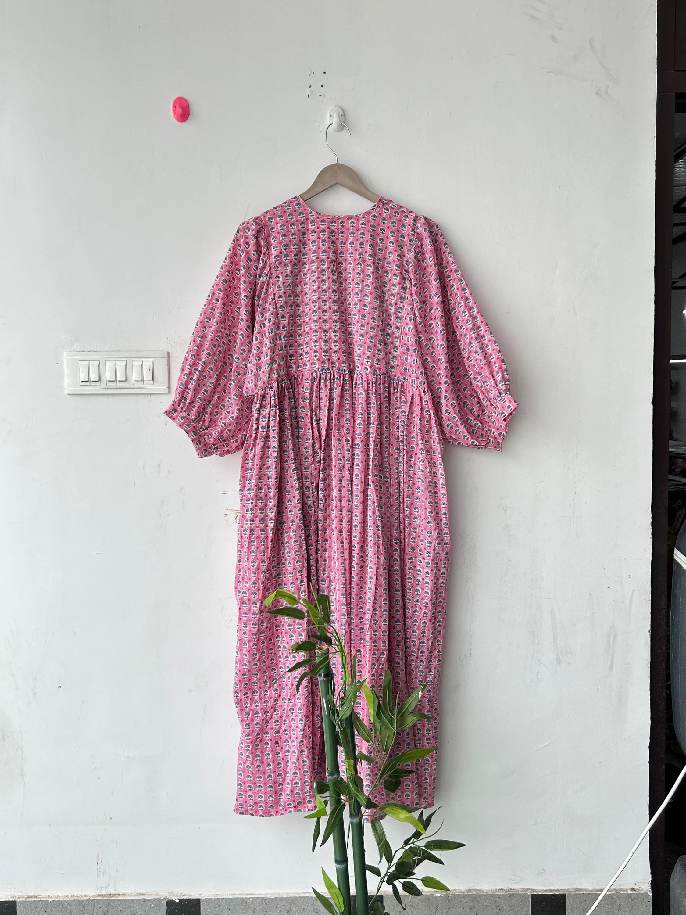 Floral Hand Block Print Cotton Midi Dress - Deep Neck Summer Dress