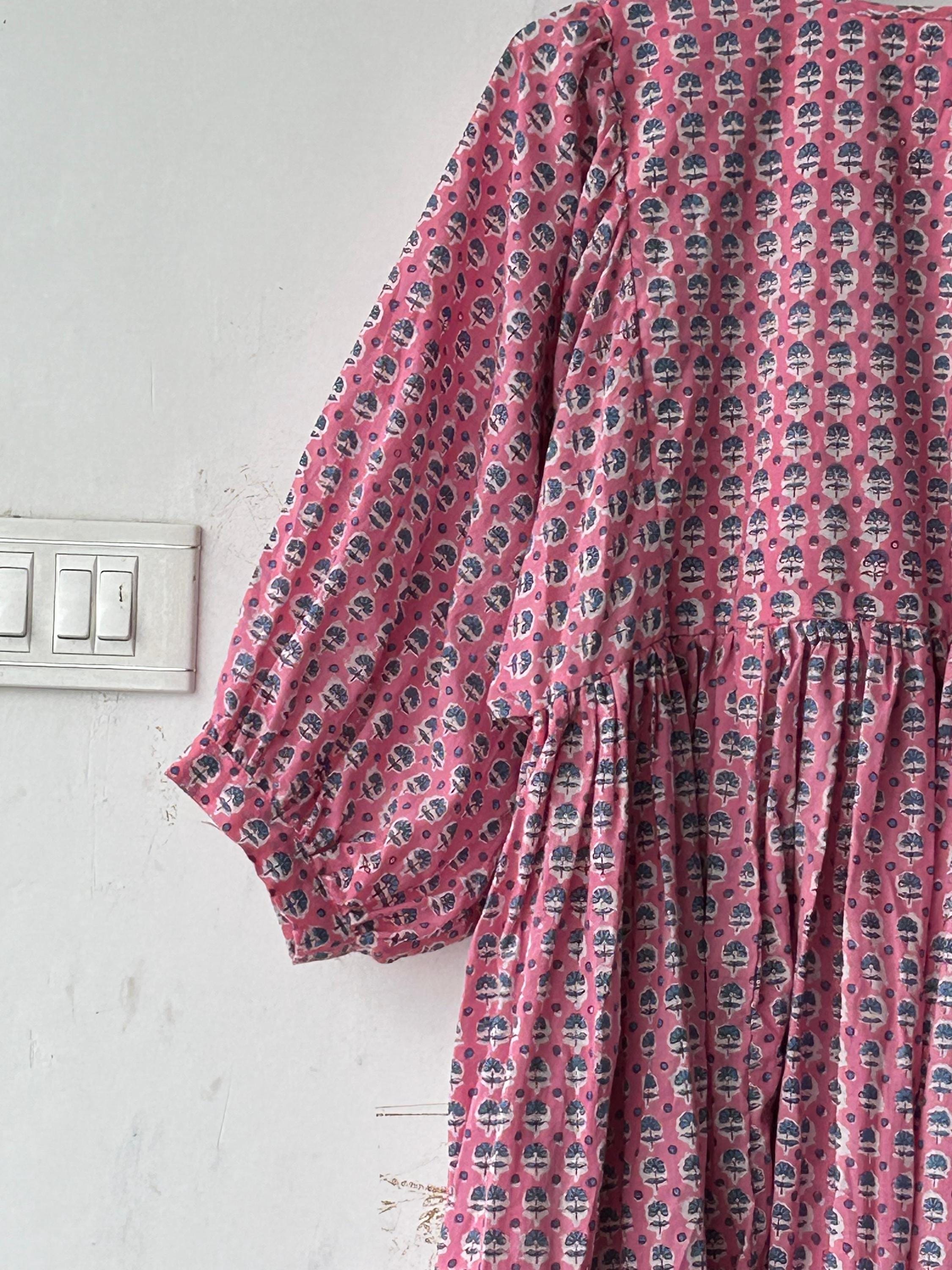 Floral Hand Block Print Cotton Midi Dress - Deep Neck Summer Dress