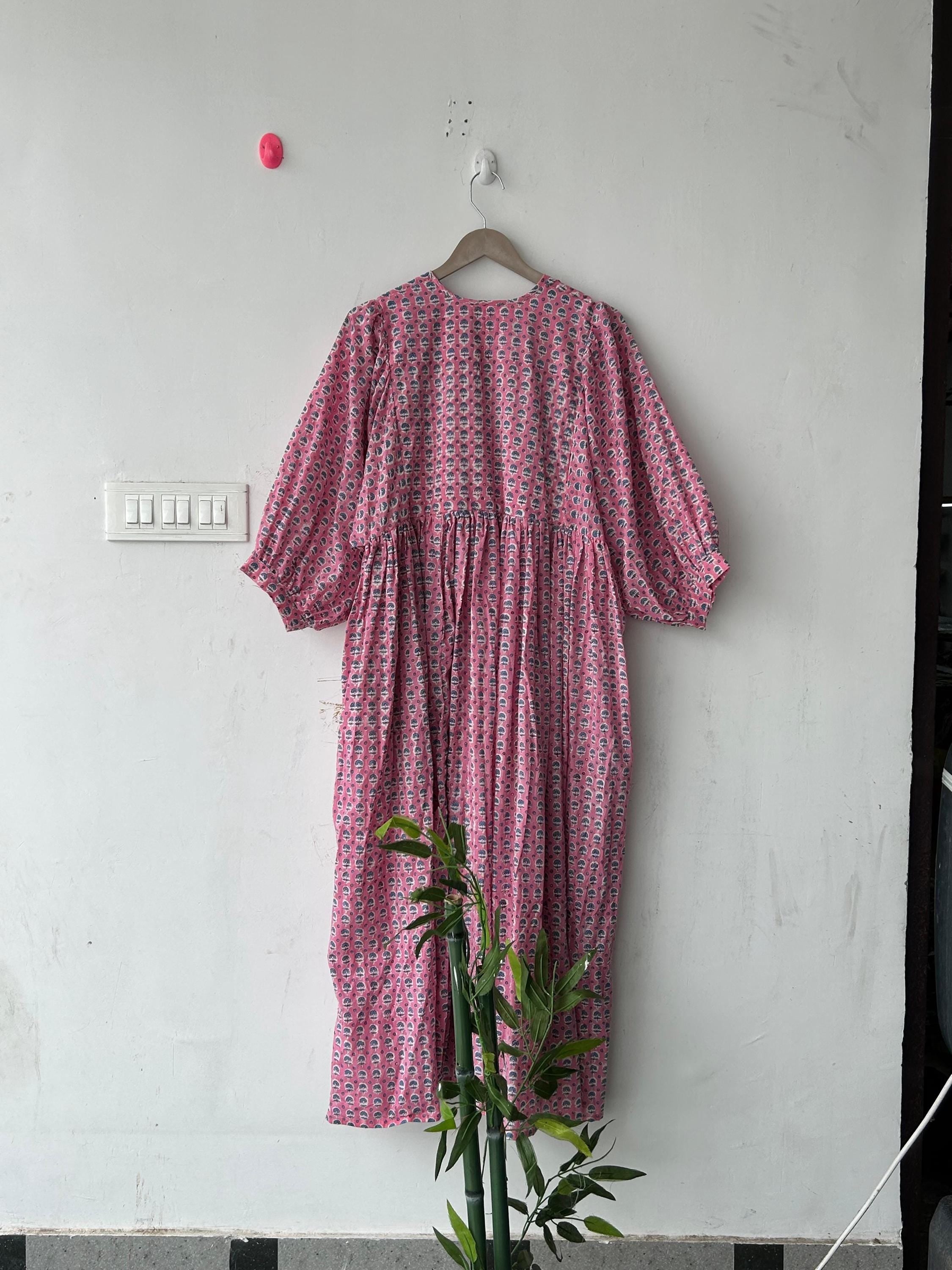 Floral Hand Block Print Cotton Midi Dress - Deep Neck Summer Dress