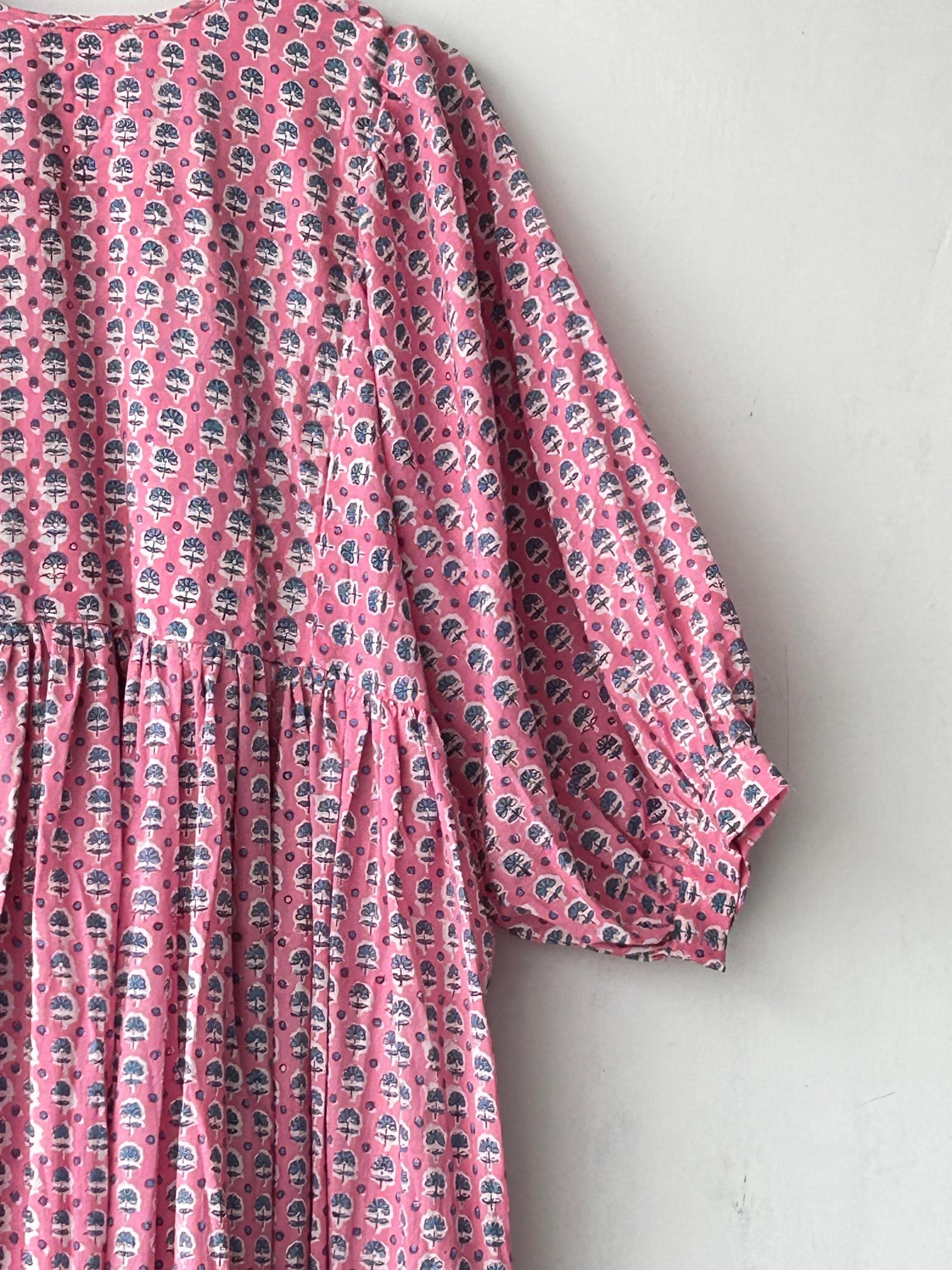 Floral Hand Block Print Cotton Midi Dress - Deep Neck Summer Dress