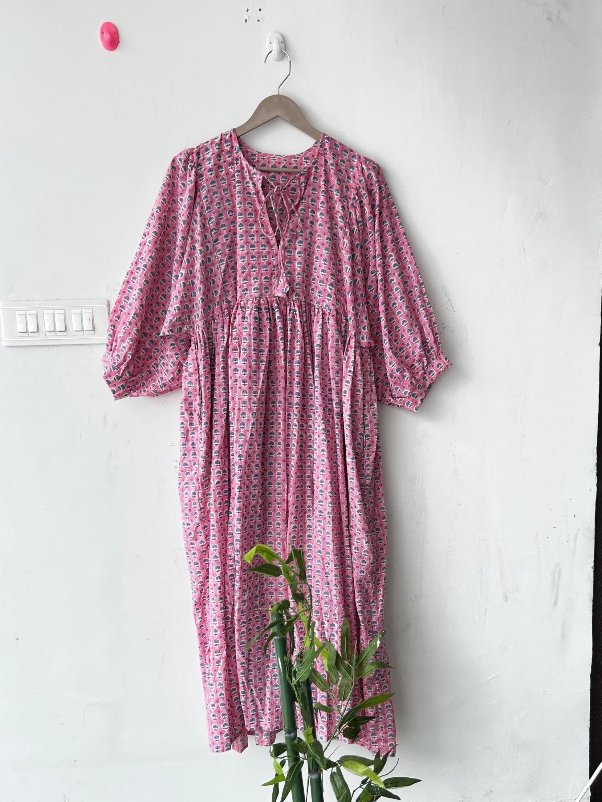 Floral Hand Block Print Cotton Midi Dress - Deep Neck Summer Dress