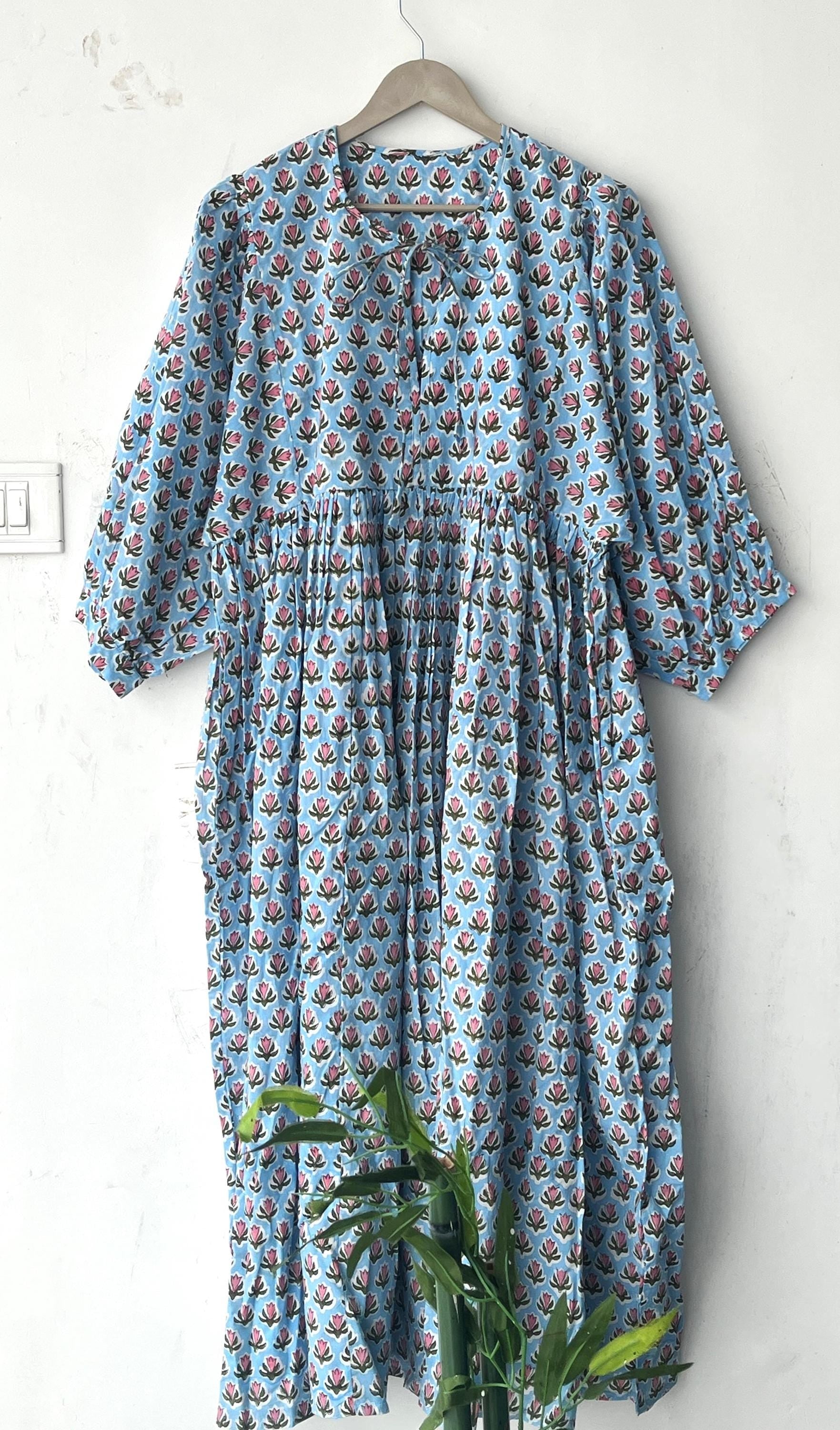 Floral Block Print Cotton Midi Dress: Ethically Handcrafted Summer Dress