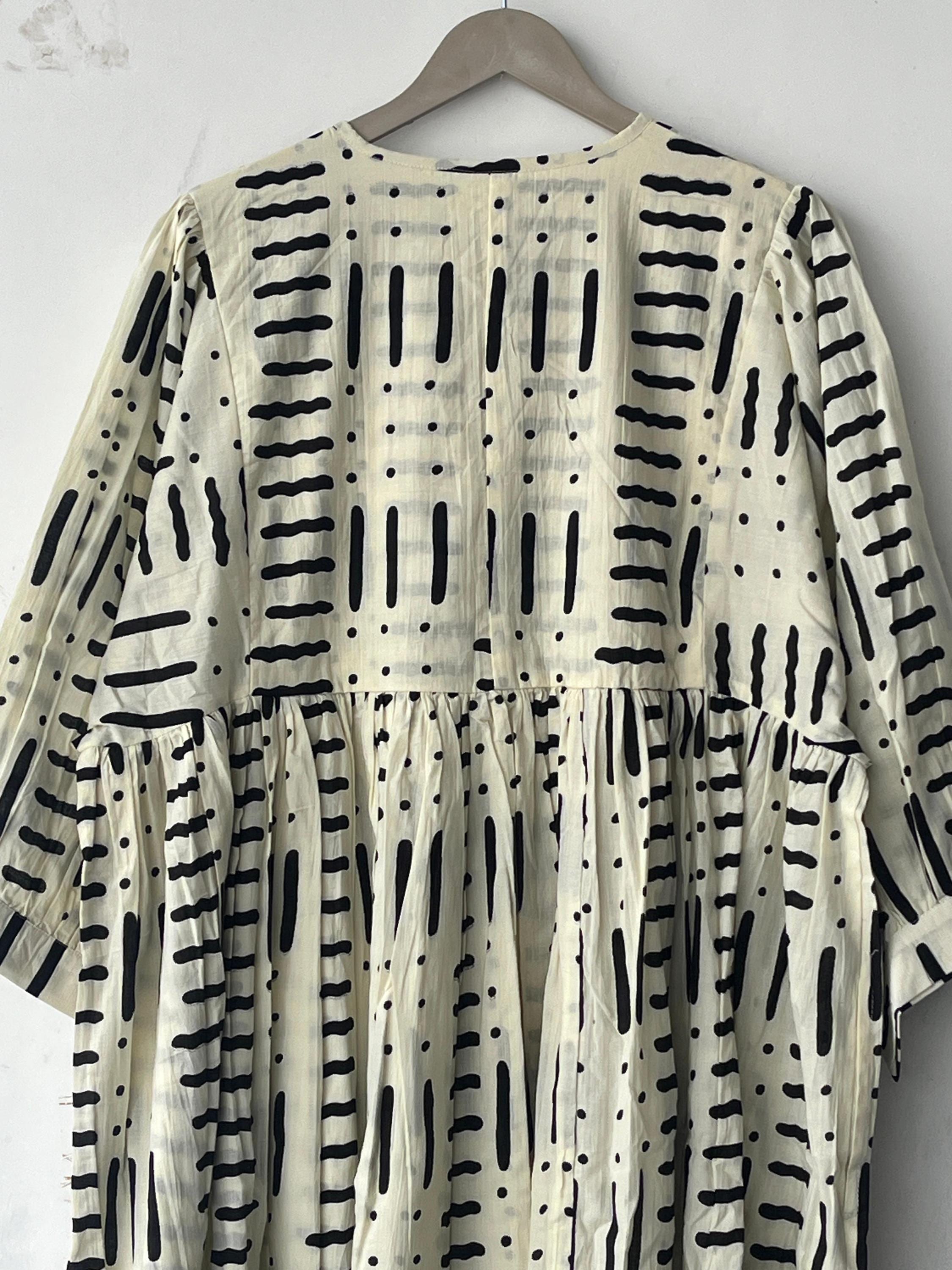 Hand Block Print Cotton Midi Dress: Deep Neck Summer Dress