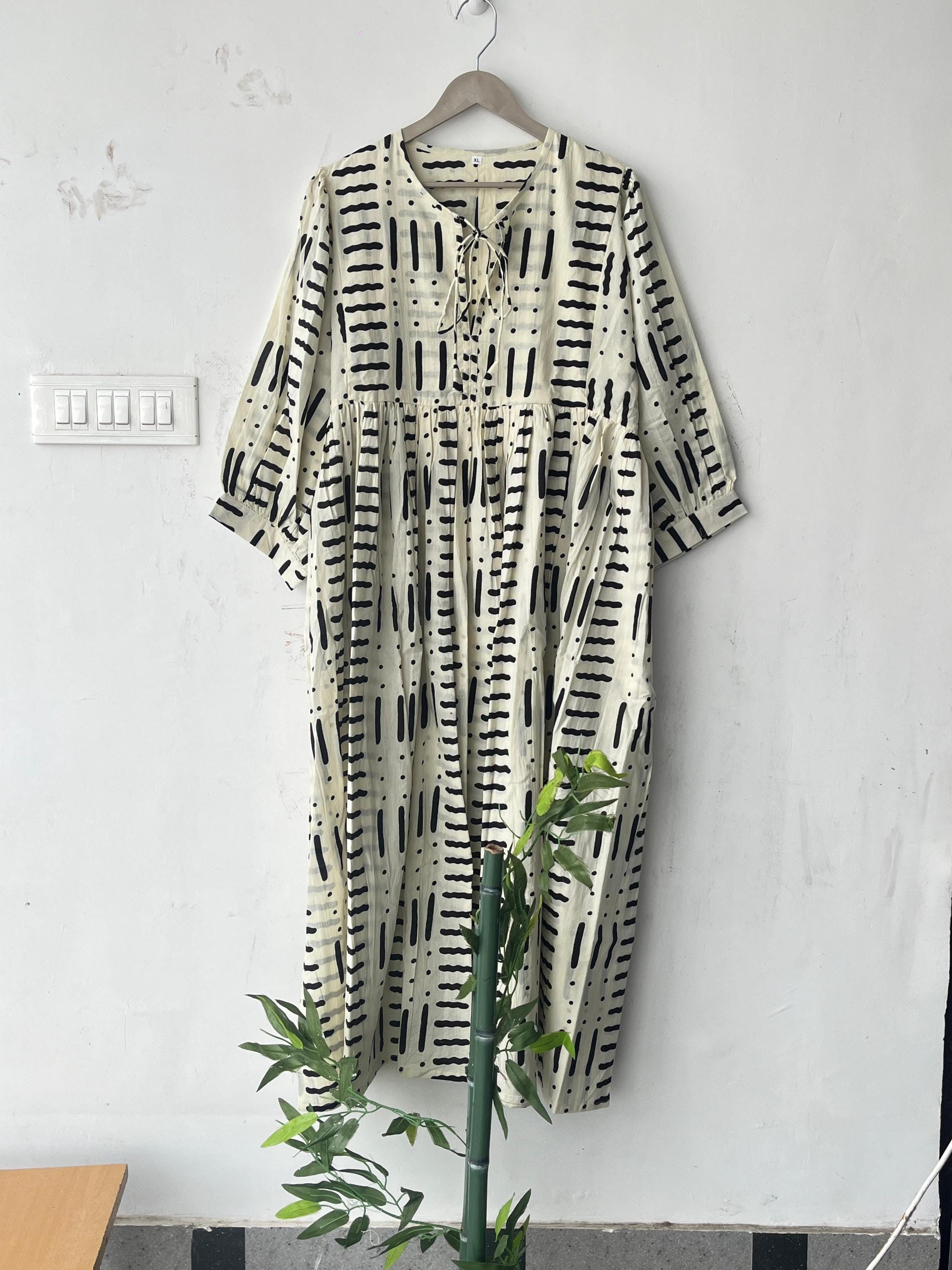 Hand Block Print Cotton Midi Dress: Deep Neck Summer Dress
