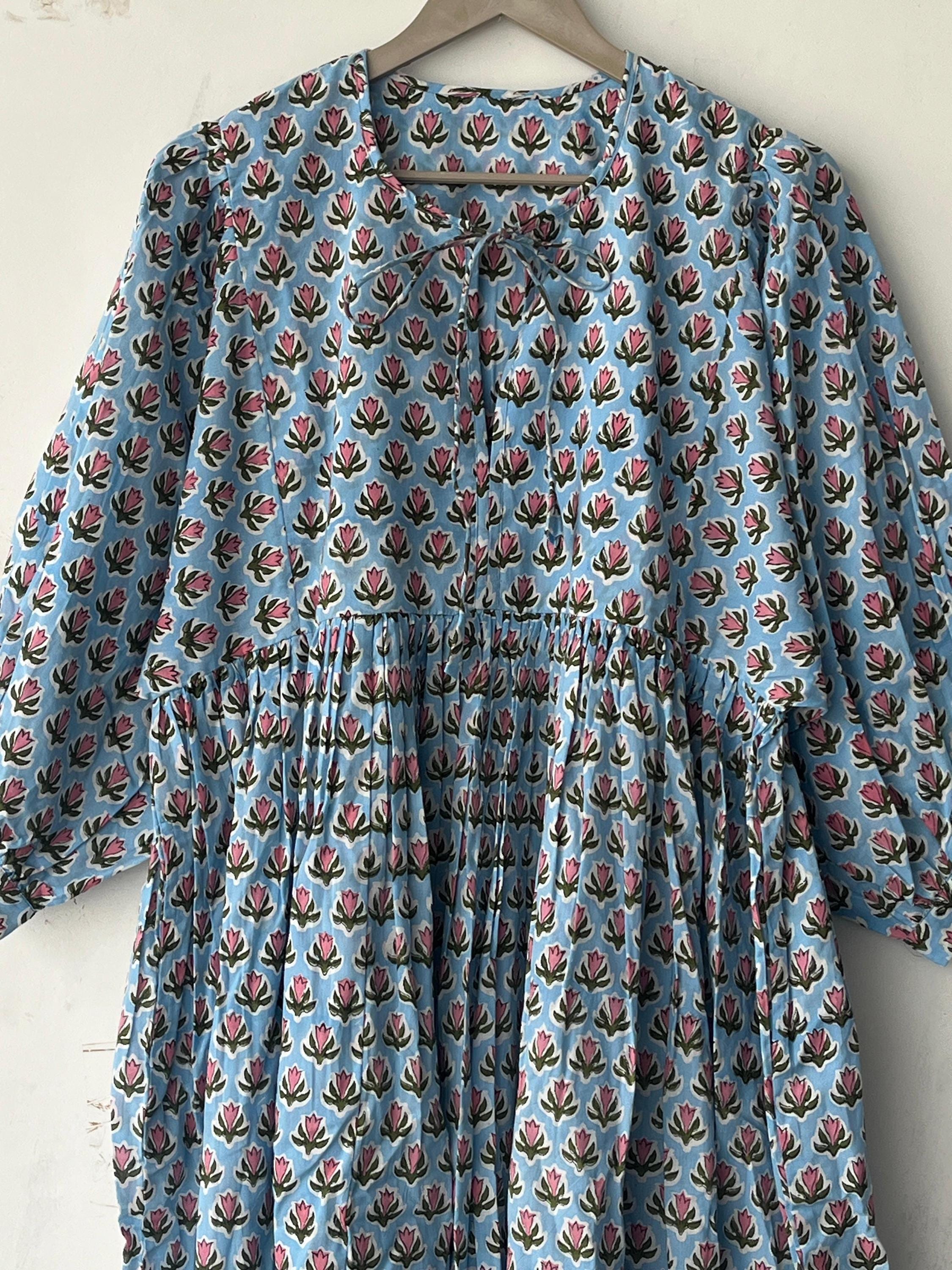 Floral Block Print Cotton Midi Dress: Ethically Handcrafted Summer Dress