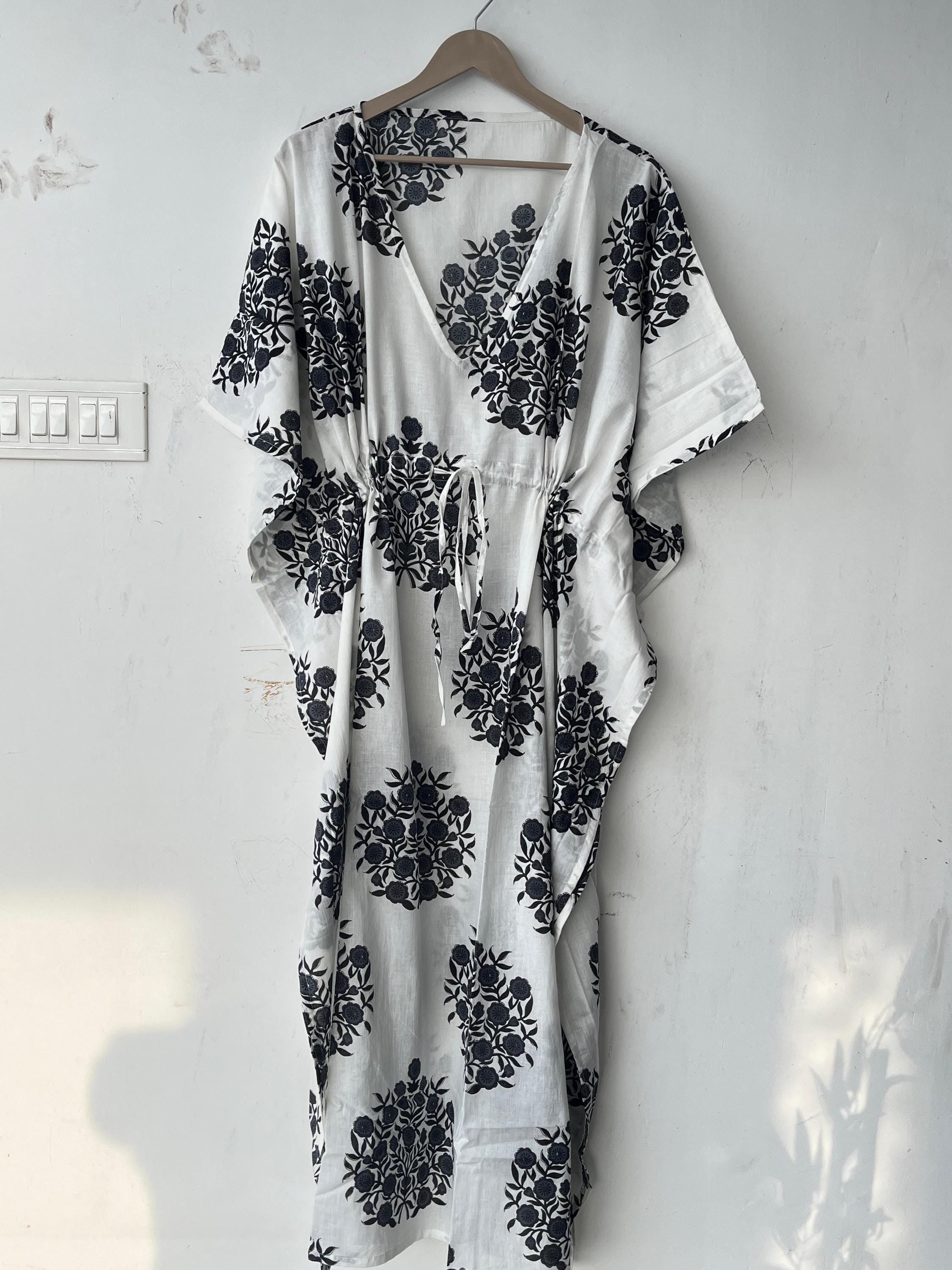 Floral Print Cotton Kaftan Dress: Indian Block Print Beach Cover-Up