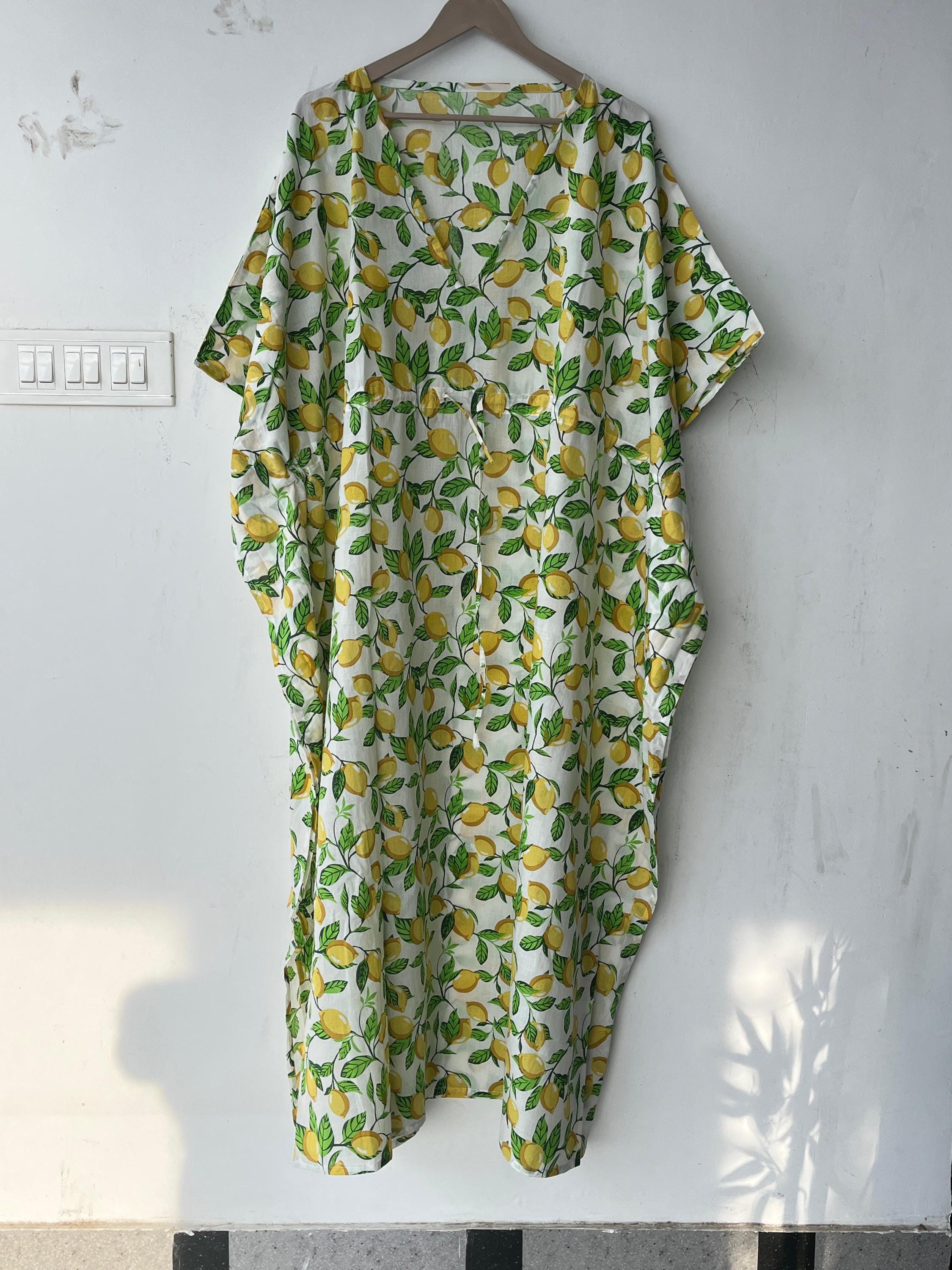 Floral Print Cotton Kaftan Dress: Hand Block Indian Beach Cover-Up