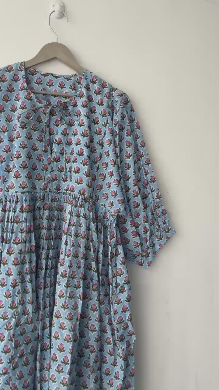 Floral Block Print Cotton Midi Dress: Ethically Handcrafted Summer Dress
