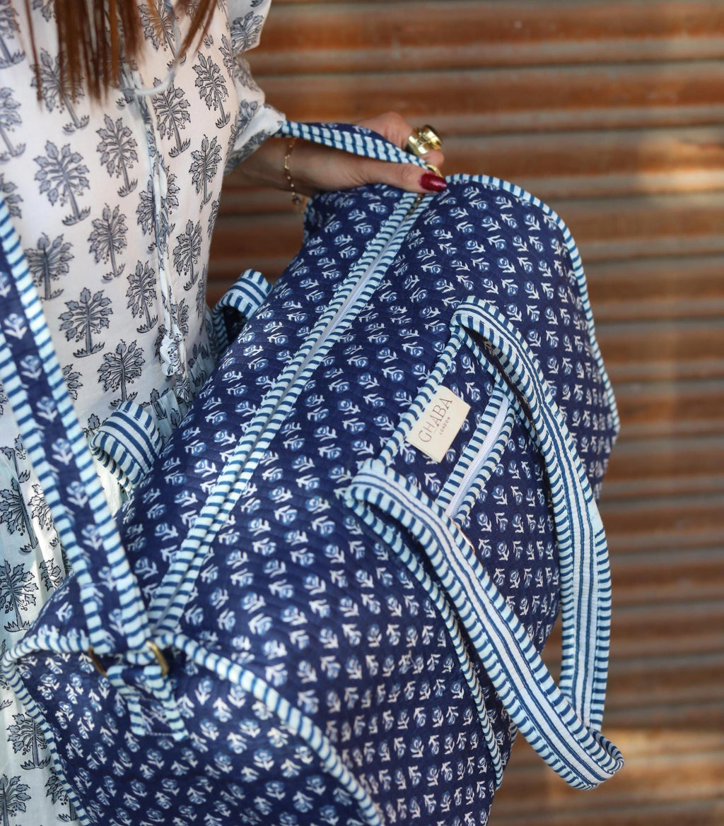 Block Print Quilted Cotton Weekender Bag – Handmade Floral Travel Duffle