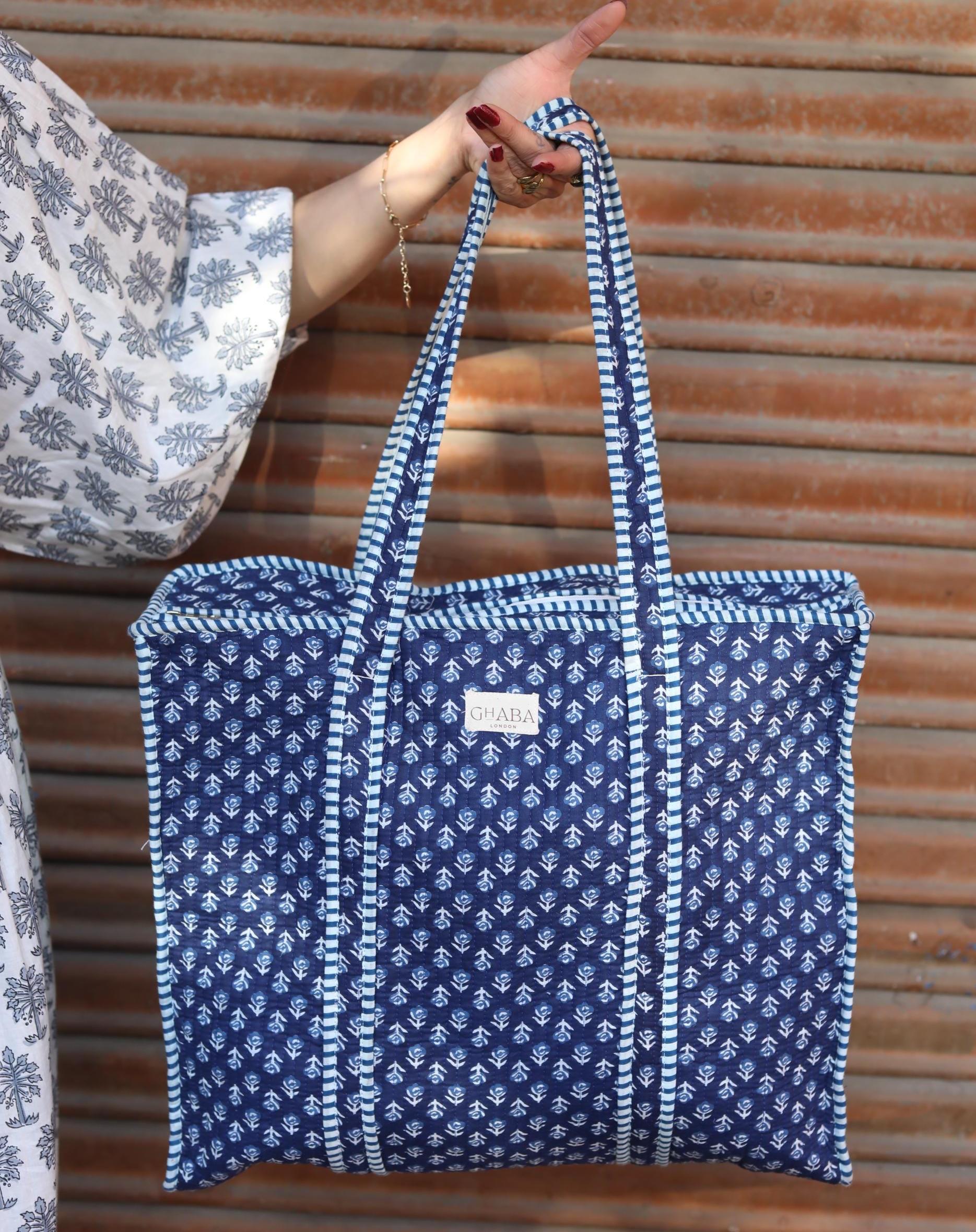 Block Print Quilted Cotton Tote Bag for Women –Handmade Floral Shopper