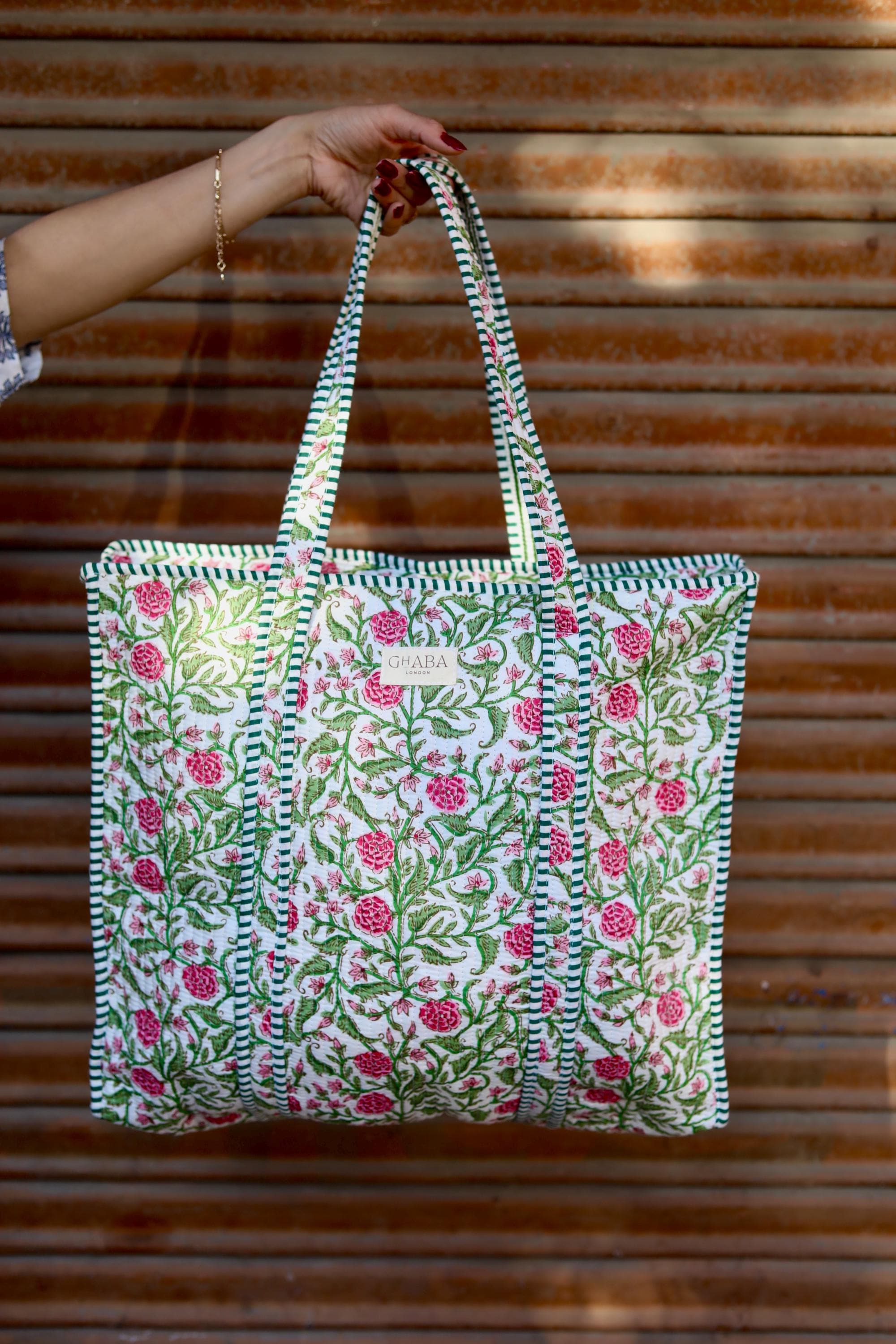 Block Print Quilted Cotton Tote Bag for Women –Handmade Floral Shopper