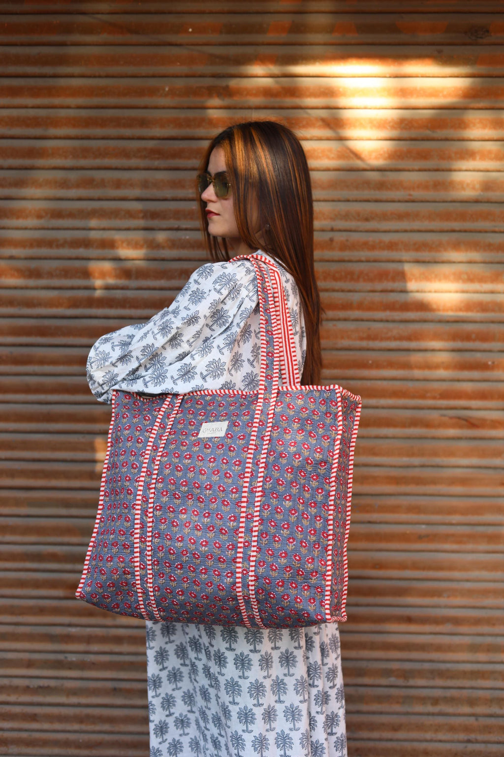 Block Print Quilted Cotton Tote Bag for Women –Handmade Floral Shopper